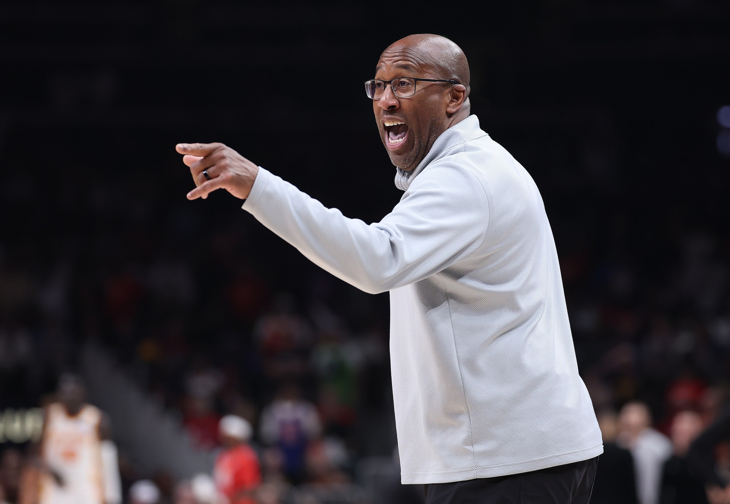 Head coach Mike Brown of the New York Knicks reacts against the Atlanta Hawks during the first quarter of game four of the Eastern Conference first round playoffs.