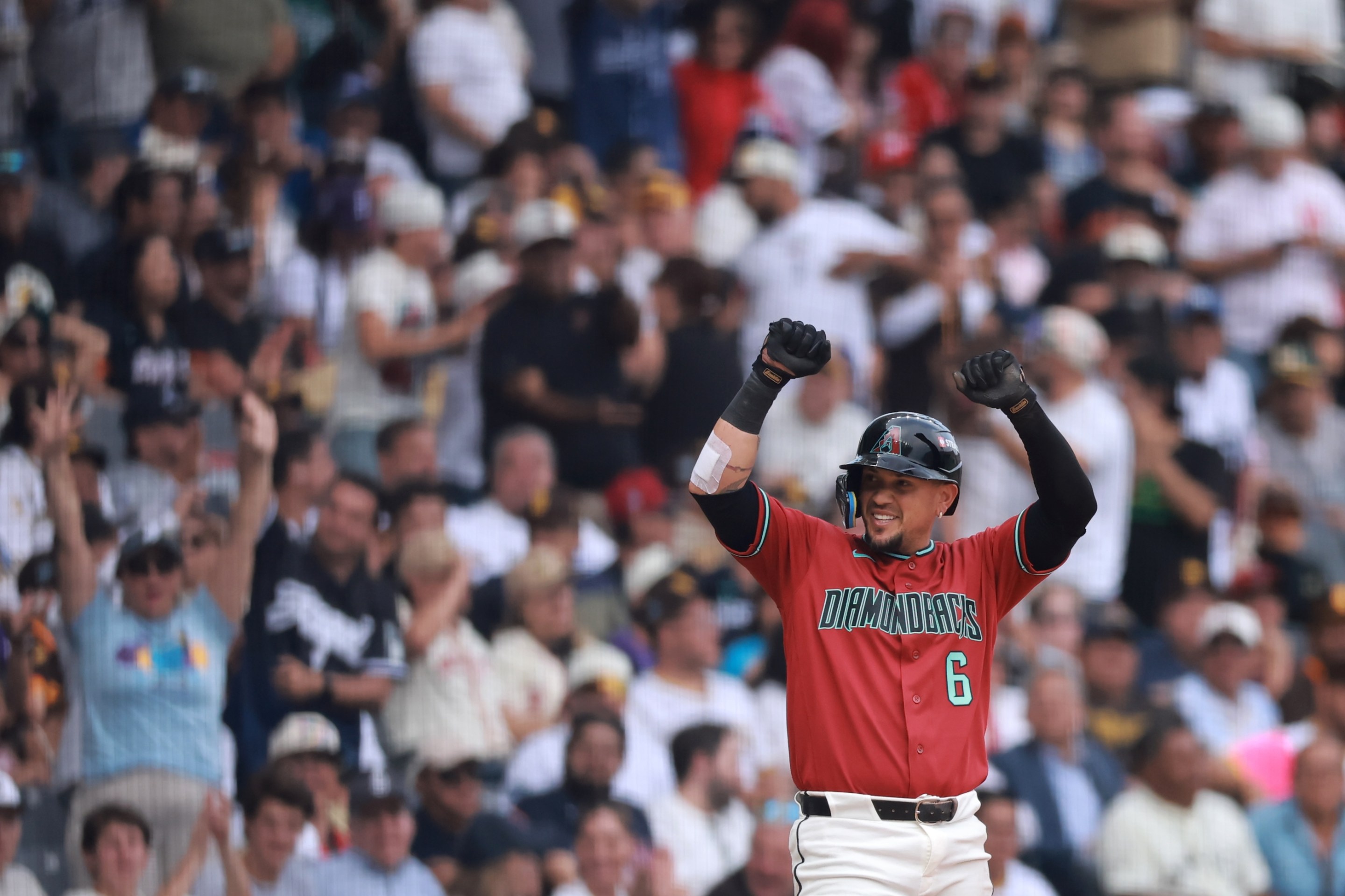 Ildemaro Vargas #6 of the Arizona Diamondbacks reacts into third base during the eighth inning of the MLB Mexico City Series game between San Diego Padres and Arizona Diamondbacks at Estadio Alfredo Harp Helú on April 26, 2026 in Mexico City, Mexico.