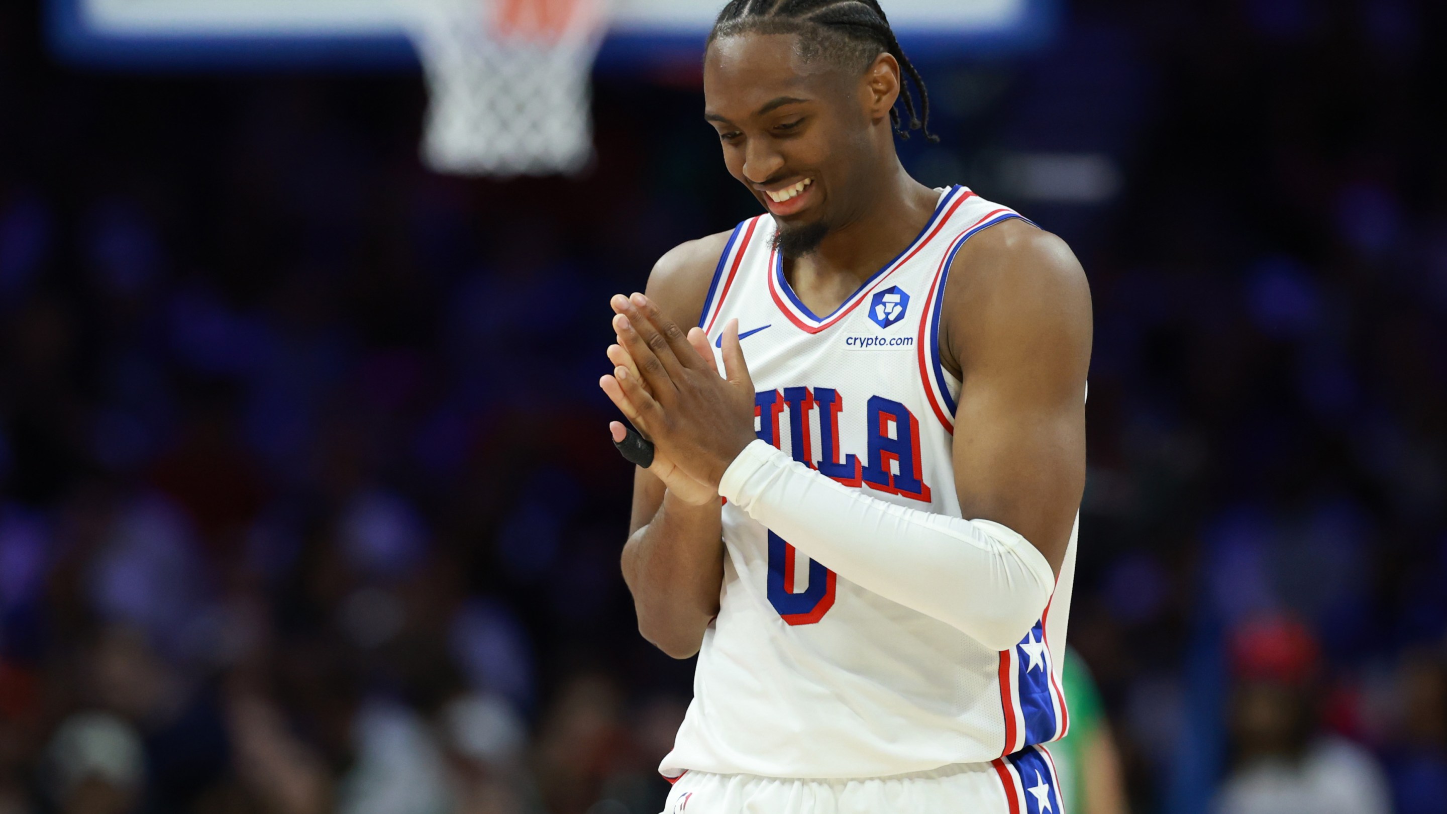 Tyrese Maxey #0 of the Philadelphia 76ers reacts during the first half of a game against the Boston Celtics in Game Six of the First Round of the NBA Eastern Conference Playoffs.