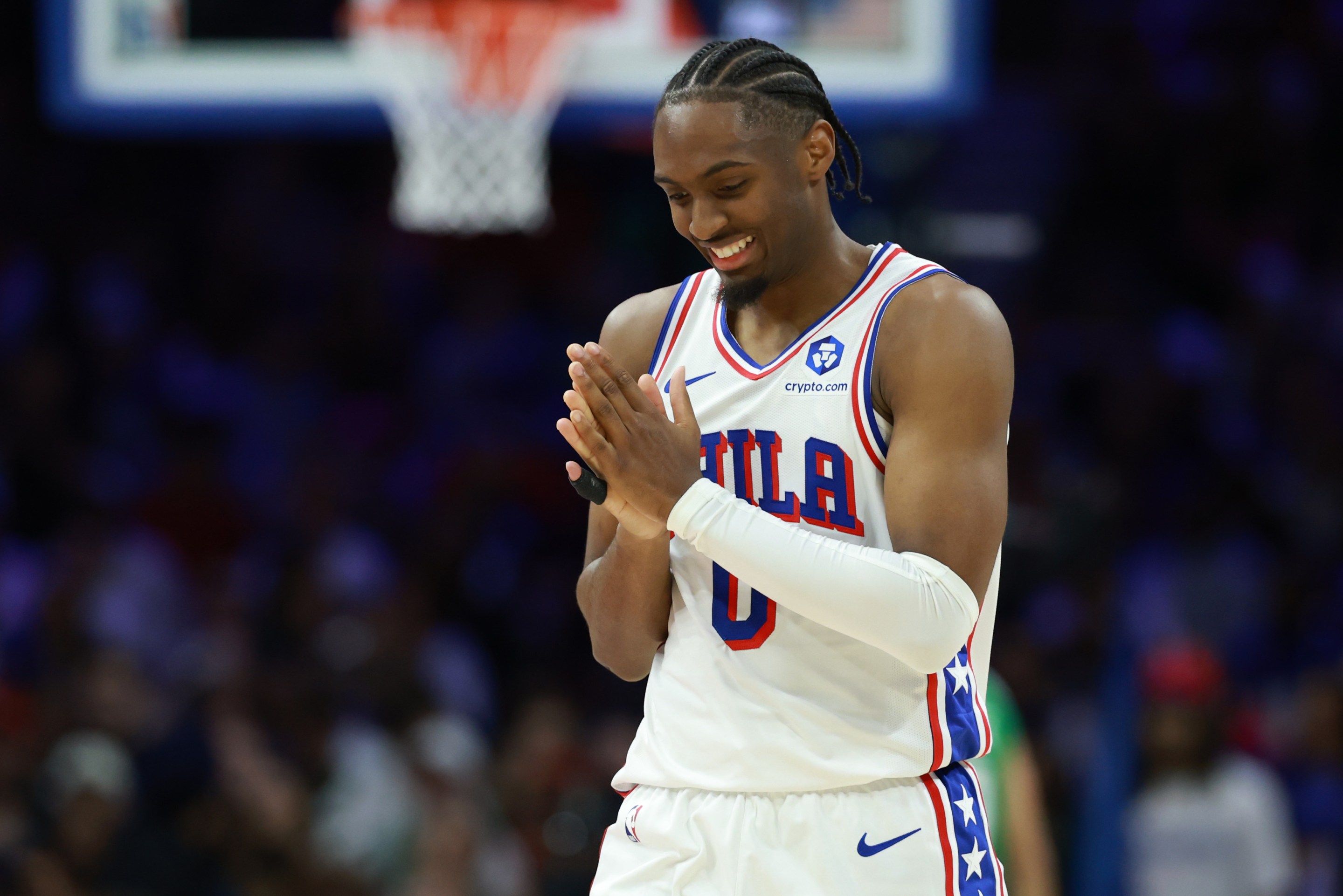 Tyrese Maxey #0 of the Philadelphia 76ers reacts during the first half of a game against the Boston Celtics in Game Six of the First Round of the NBA Eastern Conference Playoffs.