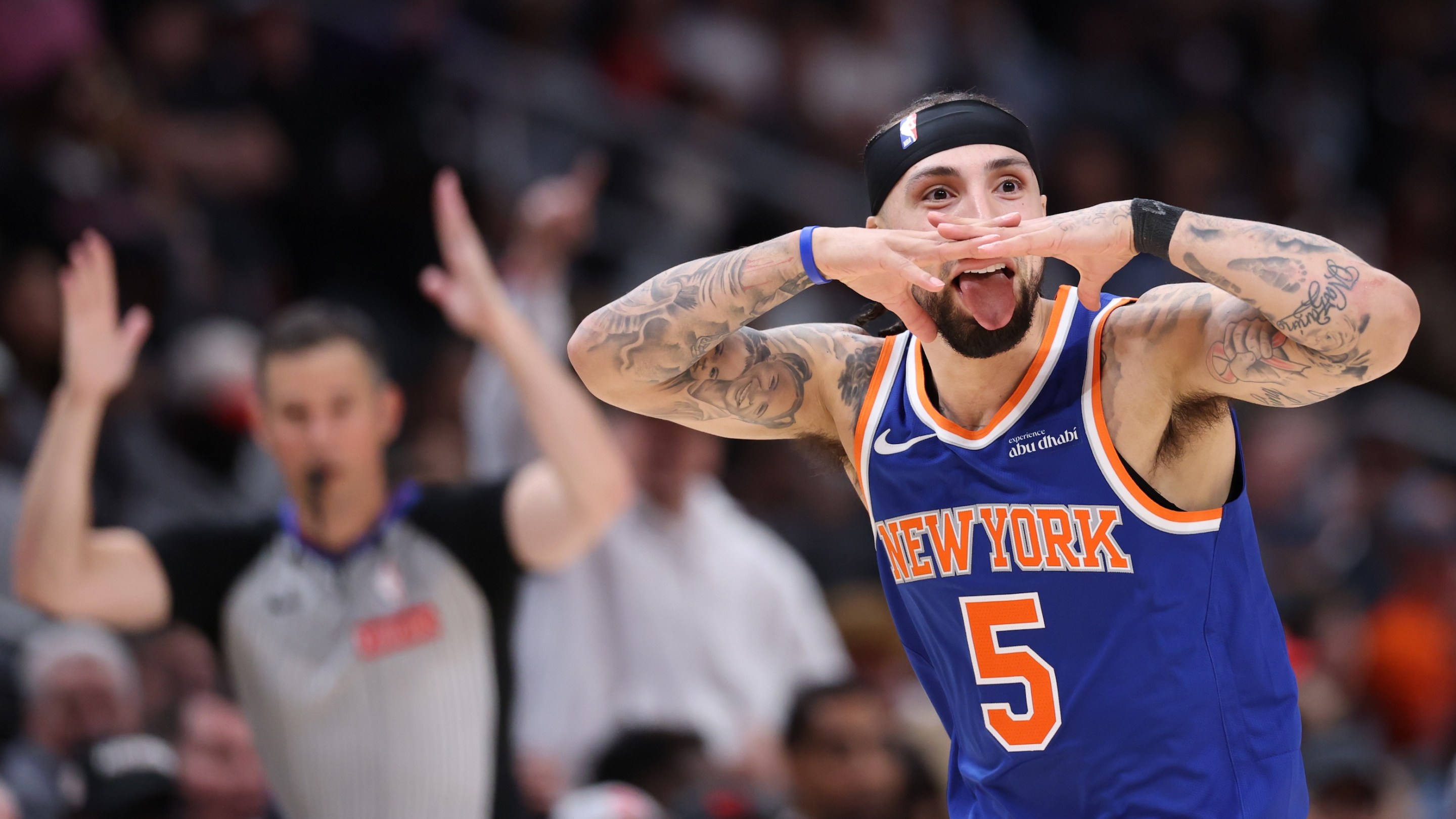 Jose Alvarado #5 of the New York Knicks celebrates a three point basket against the Atlanta Hawks during the second half of a game in Game Six of the First Round of the NBA Eastern Conference Playoffs on April 30, 2026.