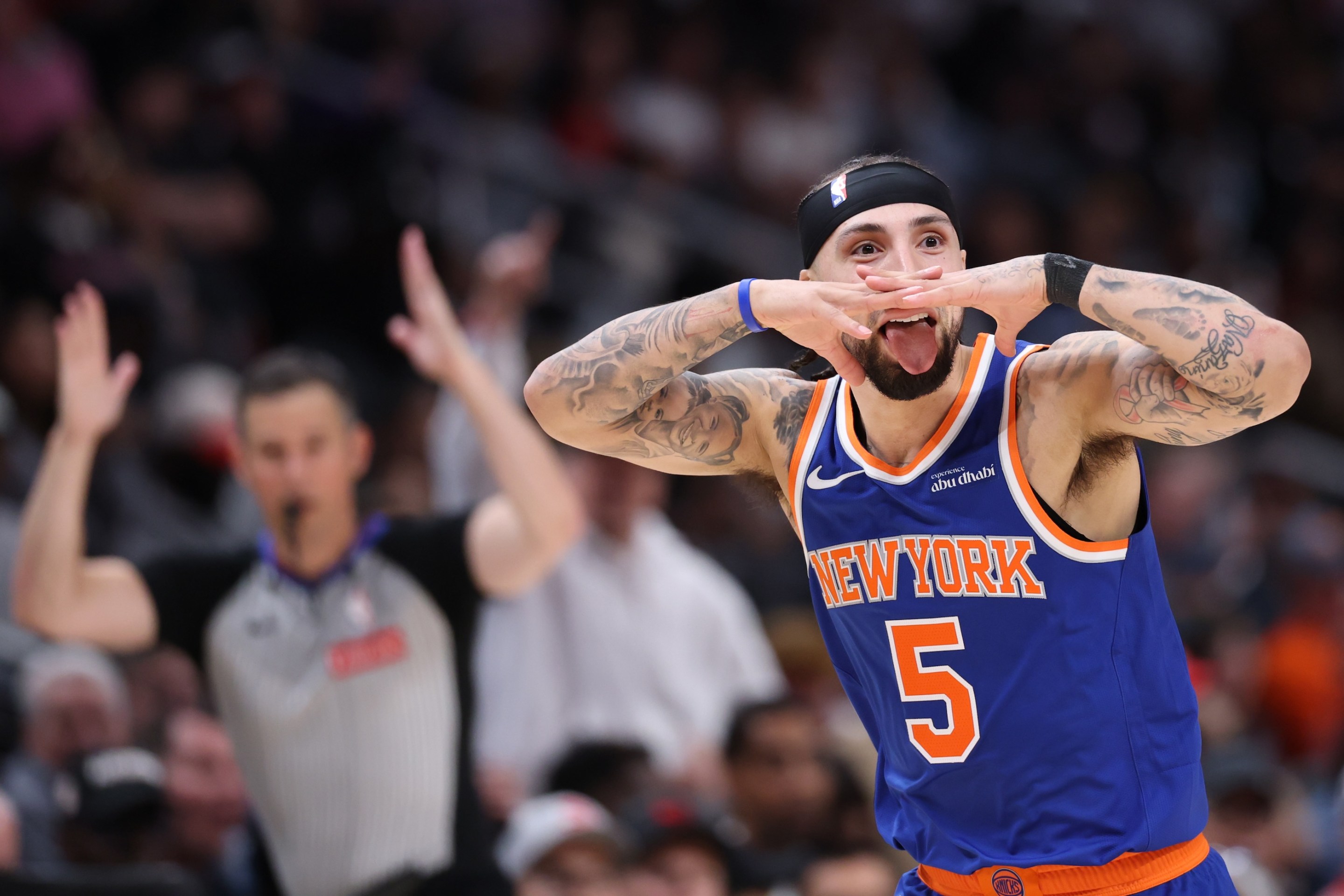 Jose Alvarado #5 of the New York Knicks celebrates a three point basket against the Atlanta Hawks during the second half of a game in Game Six of the First Round of the NBA Eastern Conference Playoffs on April 30, 2026.