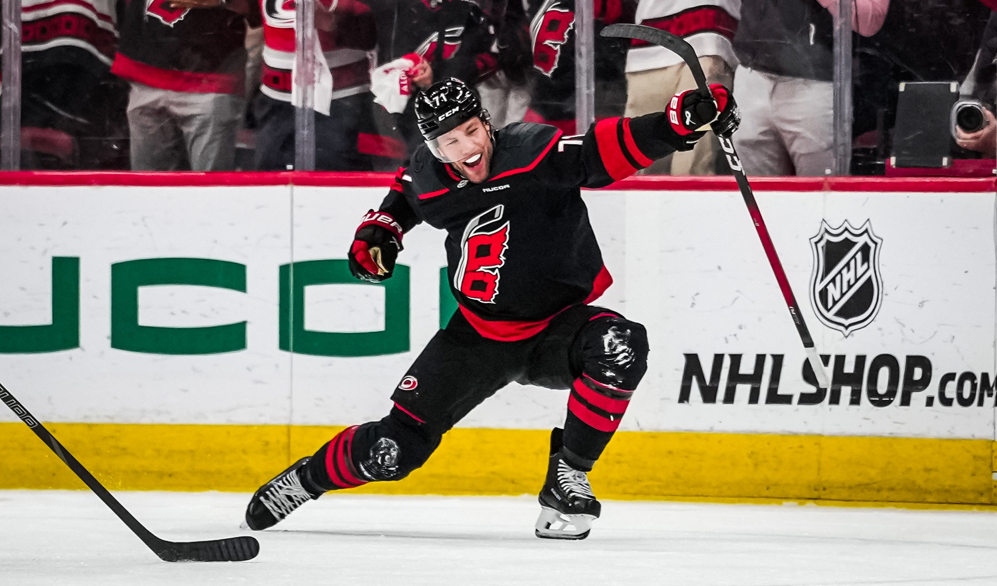Taylor Hall #71 of the Carolina Hurricanes celebrates after scoring the game-winning goal