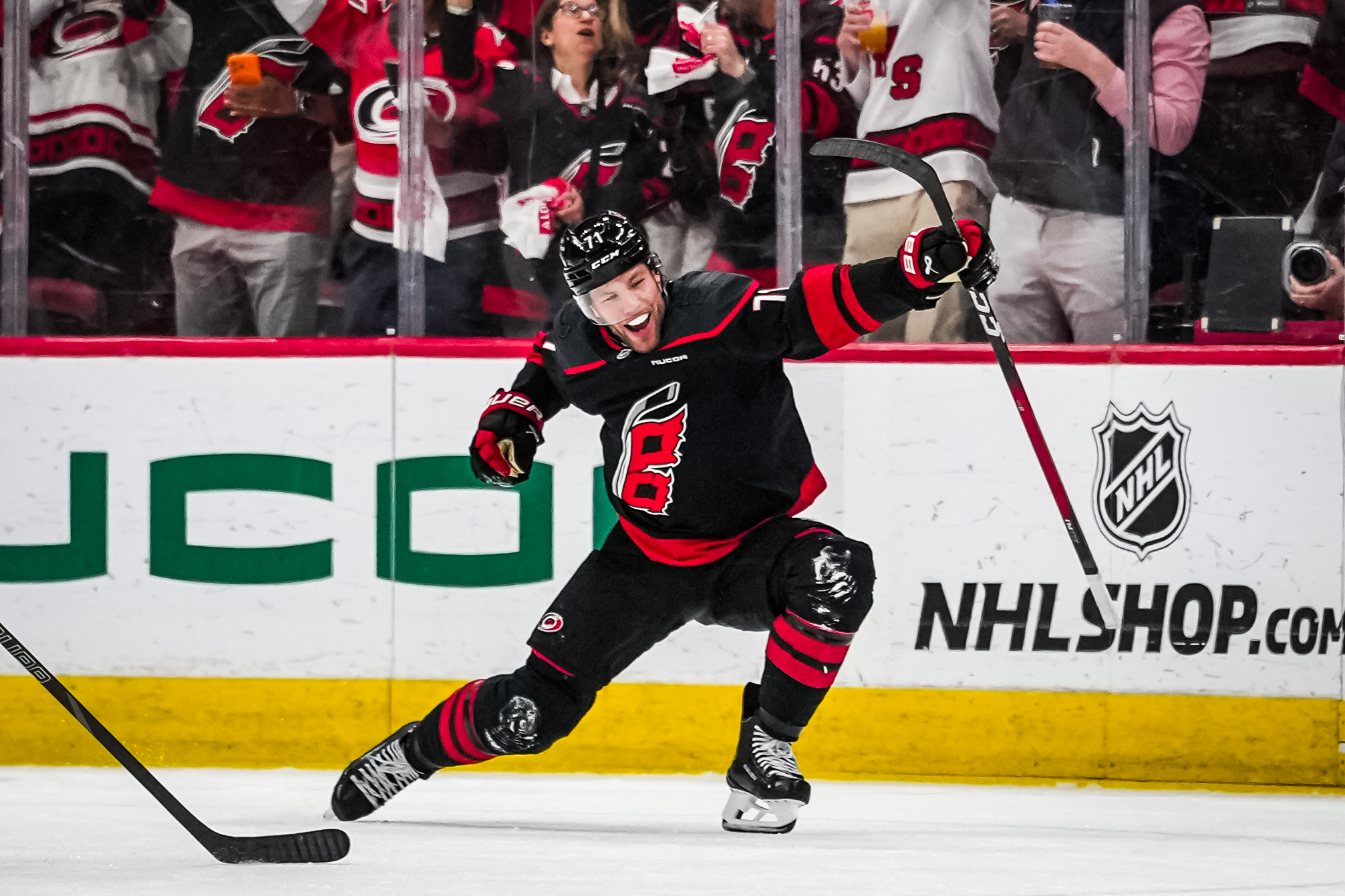 Taylor Hall #71 of the Carolina Hurricanes celebrates after scoring the game-winning goal