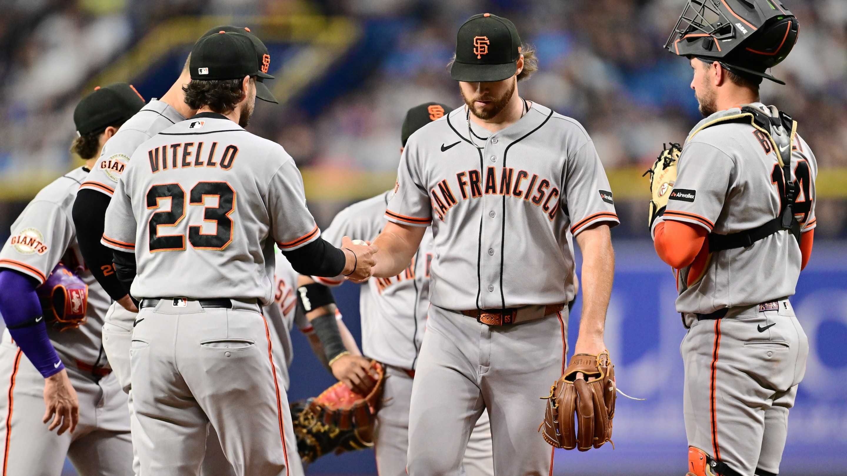 Manager Tony Vitello #23 of the San Francisco Giants relieves Landen Roupp #65 in the fifth inning of a game against the Tampa Bay Rays on May 2, 2026.