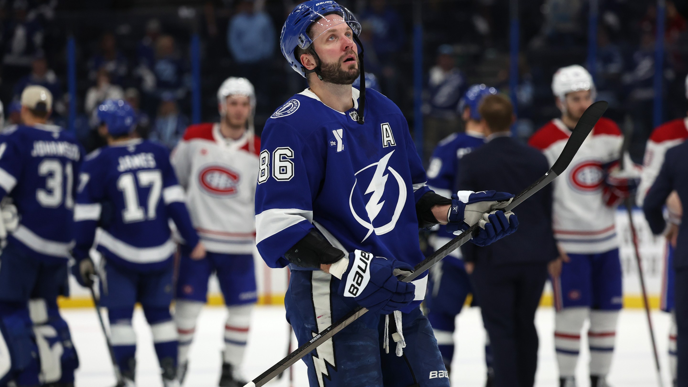 TAMPA, FLORIDA - MAY 03: Nikita Kucherov #86 of the Tampa Bay Lightning reacts after the 2-1 defeat against the Montréal Canadiens in Game Seven of the First Round of the 2026 Stanley Cup Playoffs at Amalie Arena on May 03, 2026 in Tampa, Florida. (Photo by Mike Carlson/Getty Images)