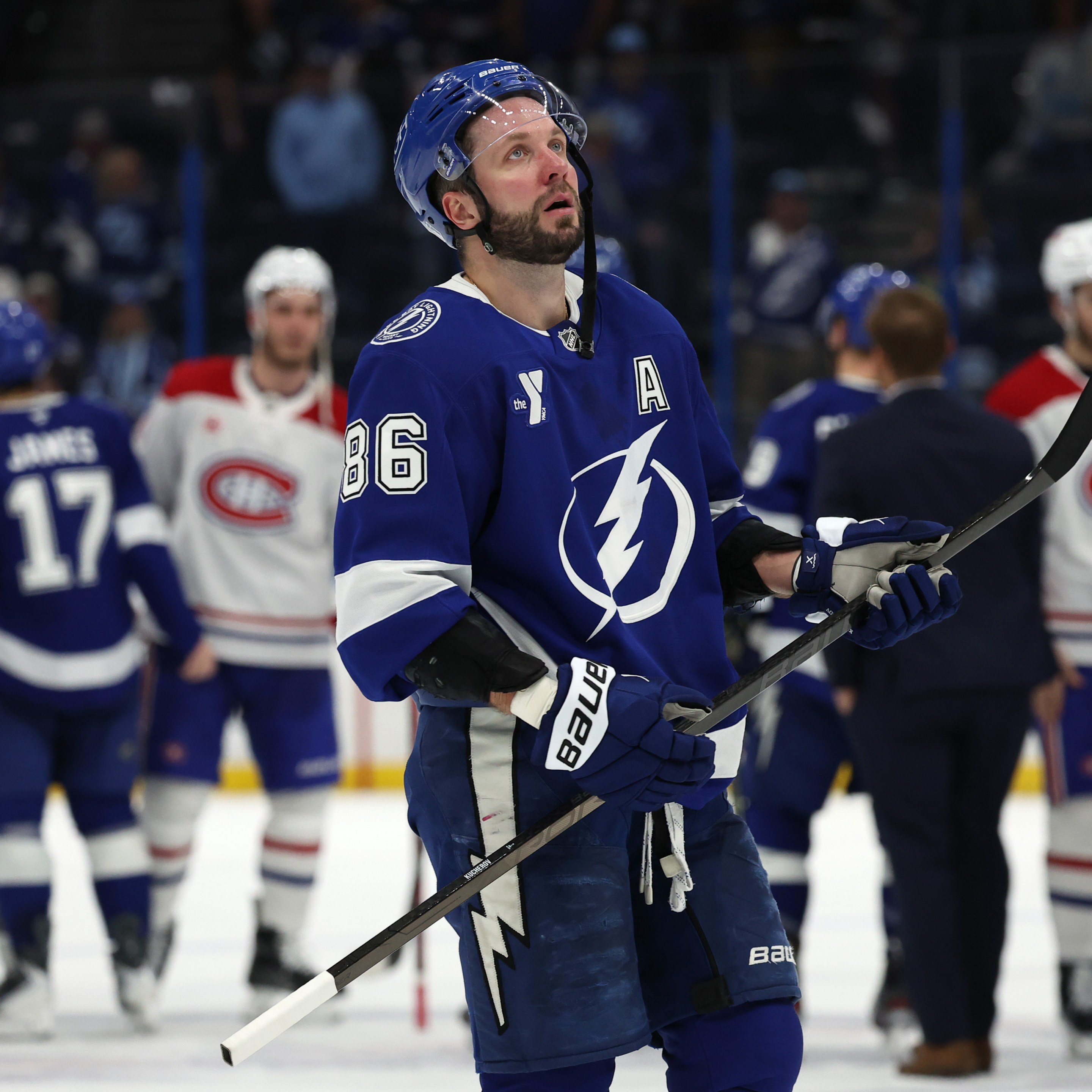 TAMPA, FLORIDA - MAY 03: Nikita Kucherov #86 of the Tampa Bay Lightning reacts after the 2-1 defeat against the Montréal Canadiens in Game Seven of the First Round of the 2026 Stanley Cup Playoffs at Amalie Arena on May 03, 2026 in Tampa, Florida. (Photo by Mike Carlson/Getty Images)