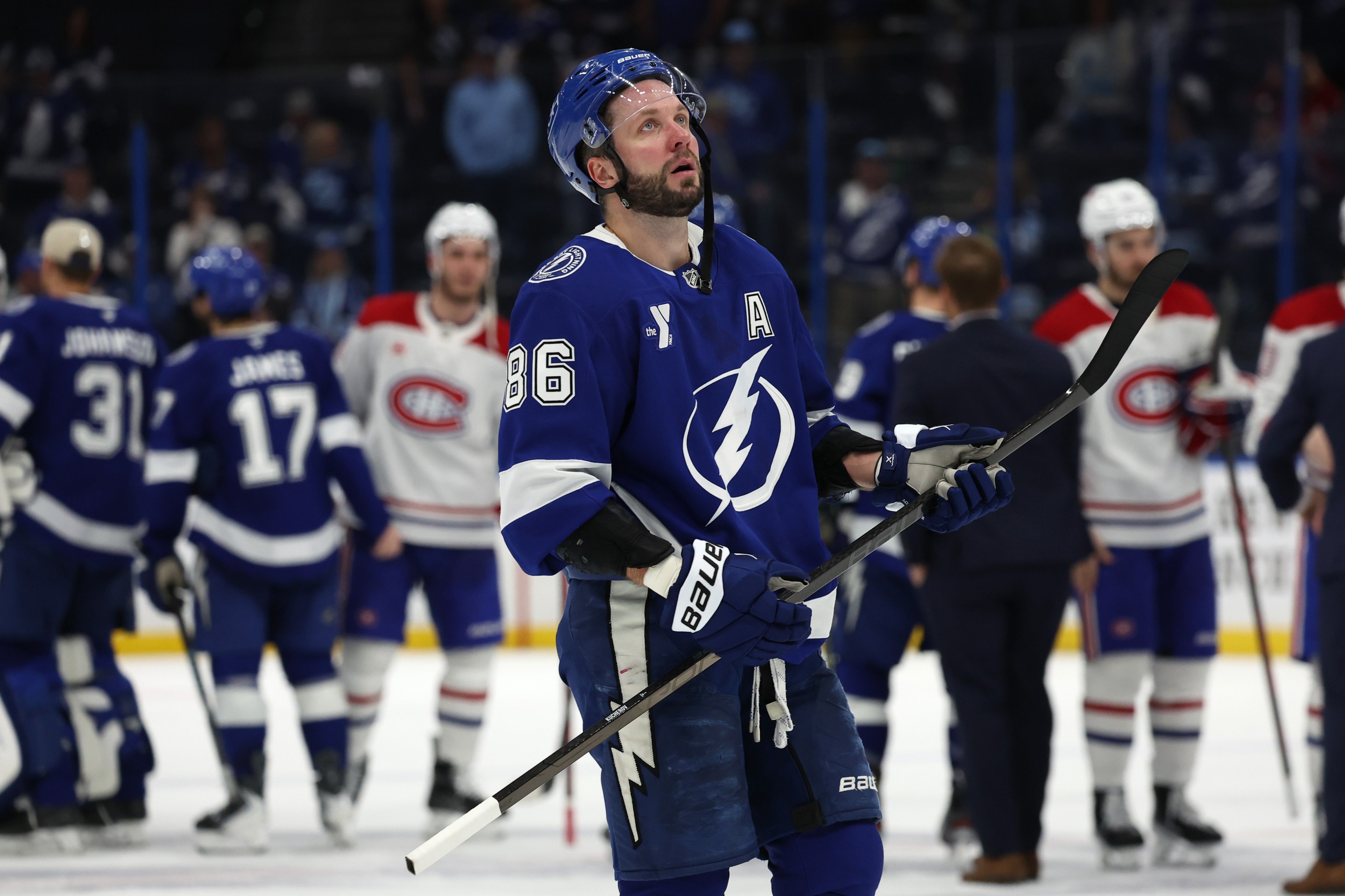 TAMPA, FLORIDA - MAY 03: Nikita Kucherov #86 of the Tampa Bay Lightning reacts after the 2-1 defeat against the Montréal Canadiens in Game Seven of the First Round of the 2026 Stanley Cup Playoffs at Amalie Arena on May 03, 2026 in Tampa, Florida. (Photo by Mike Carlson/Getty Images)