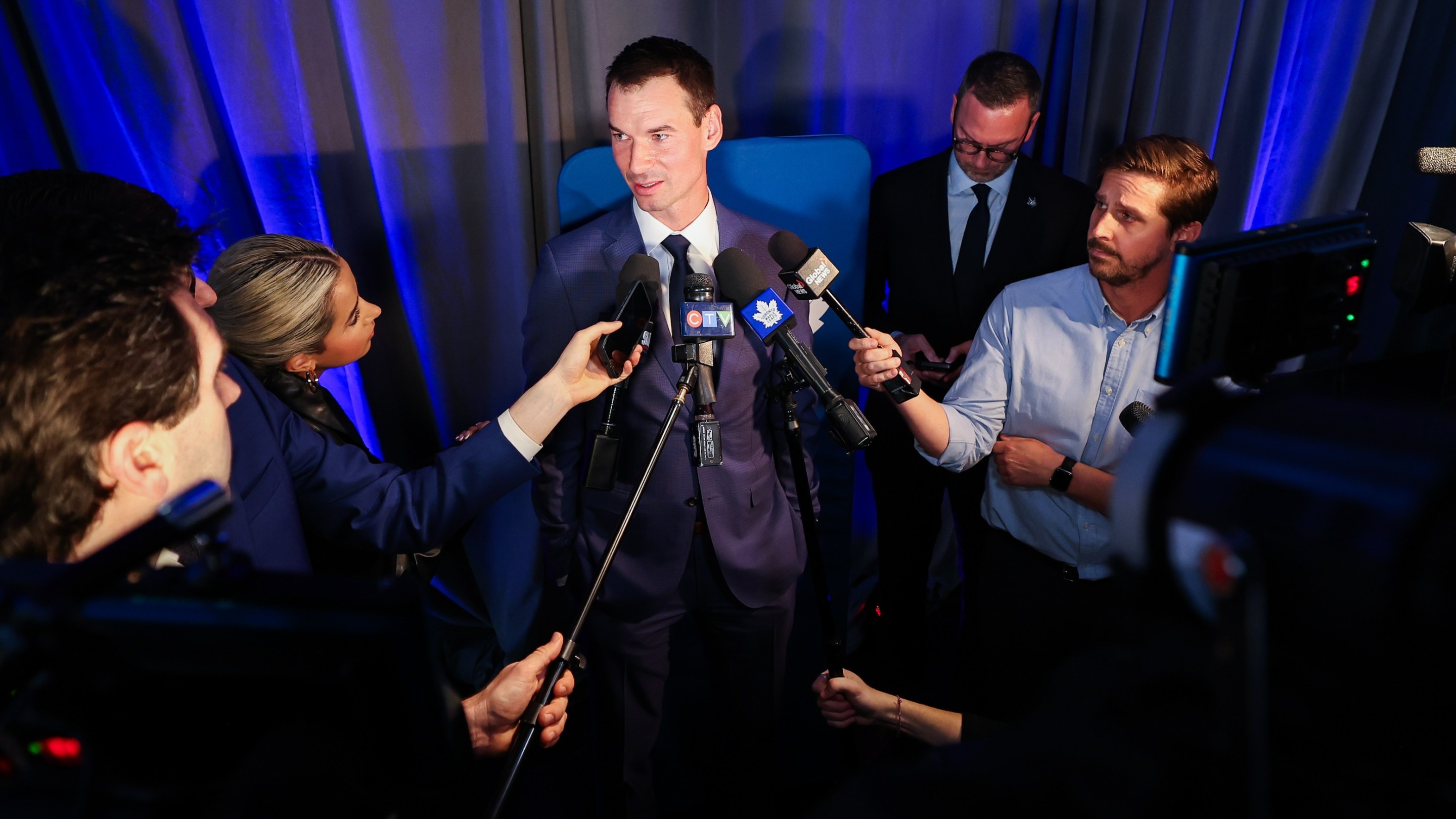 John Chayka speaks to media at a press conference he was announced as General Manager and Mats Sundin is introduced as Senior Executive Advisor of Hockey Operations of the Toronto Maple Leafs .