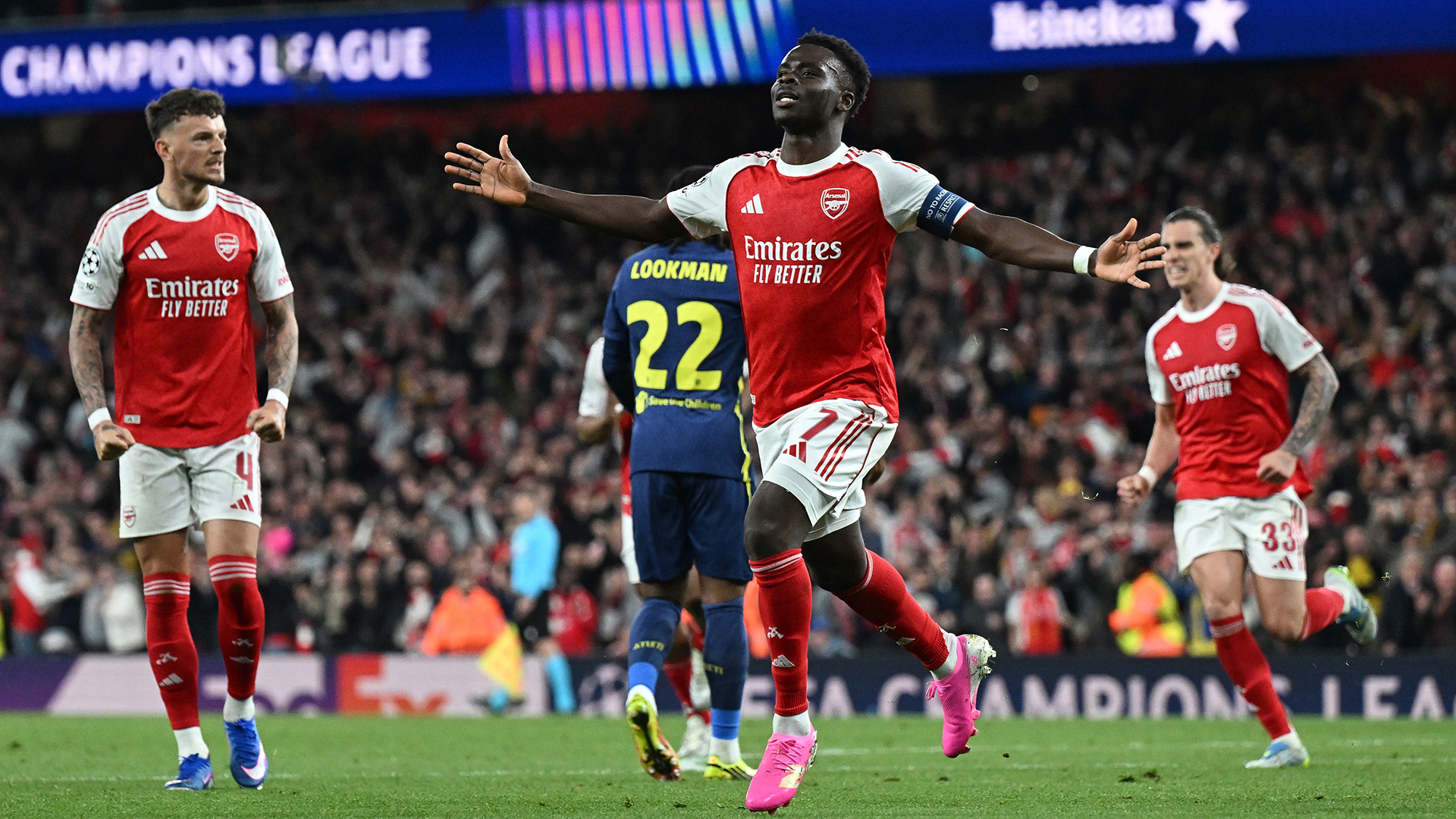 Bukayo Saka of Arsenal celebrates scoring his team's first goal during the UEFA Champions League 2025/26 Semi Final Second Leg match between Arsenal FC and Atletico de Madrid at Arsenal Stadium on May 05, 2026 in London, England.