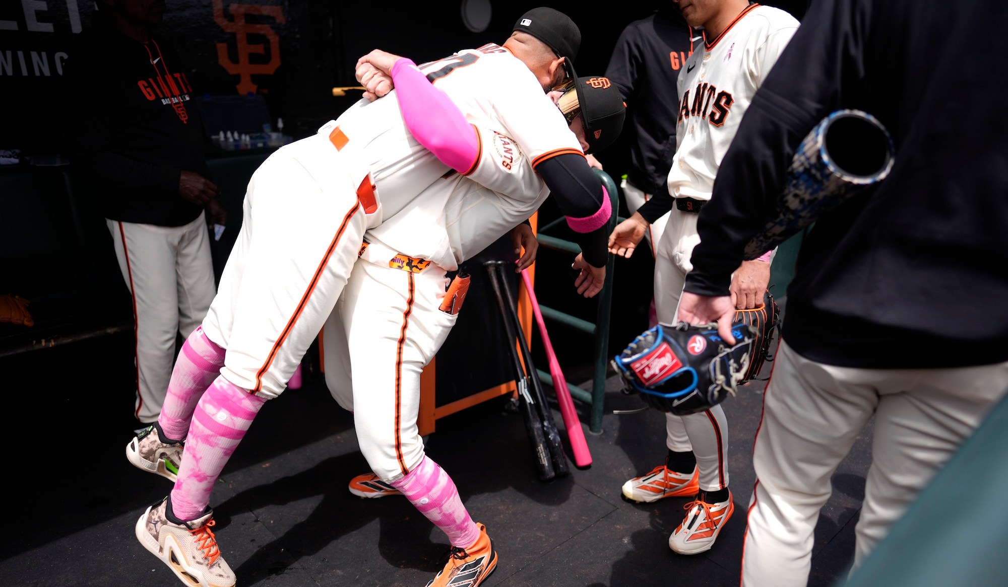 SAN FRANCISCO, CALIFORNIA - MAY 10: Hector Borg #80 and Drew Gilbert #0 of the San Francisco Giants prepare for the game against the Pittsburgh Pirates at Oracle Park on May 10, 2026 in San Francisco, California. (Photo by Andy Kuno/San Francisco Giants/Getty Images)
