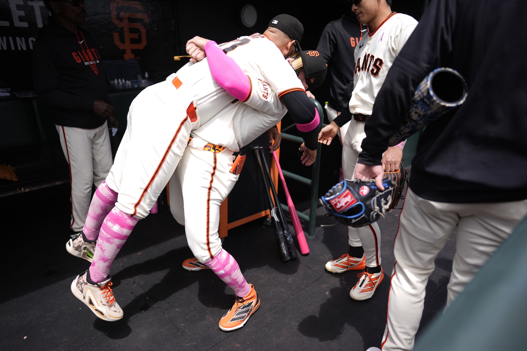 SAN FRANCISCO, CALIFORNIA - MAY 10: Hector Borg #80 and Drew Gilbert #0 of the San Francisco Giants prepare for the game against the Pittsburgh Pirates at Oracle Park on May 10, 2026 in San Francisco, California. (Photo by Andy Kuno/San Francisco Giants/Getty Images)