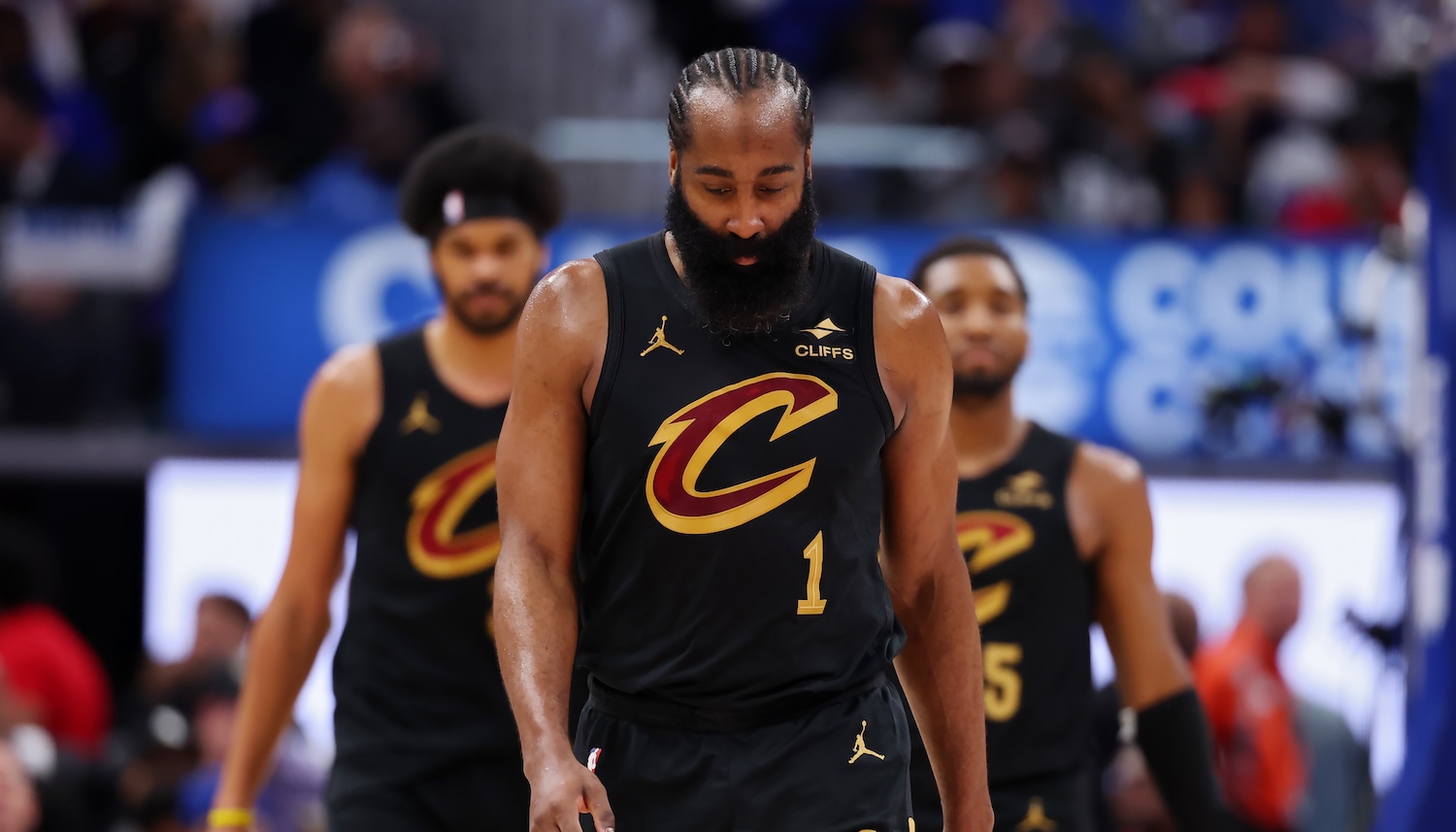 DETROIT, MICHIGAN - MAY 07: James Harden #1 of the Cleveland Cavaliers looks on during the second quarter of a game against the Detroit Pistons in Game Two of the Second Round of the NBA Eastern Conference Playoffs at Little Caesars Arena on May 07, 2026 in Detroit, Michigan. NOTE TO USER: User expressly acknowledges and agrees that, by downloading and or using this photograph, User is consenting to the terms and conditions of the Getty Images License Agreement. (Photo by Gregory Shamus/Getty Images)