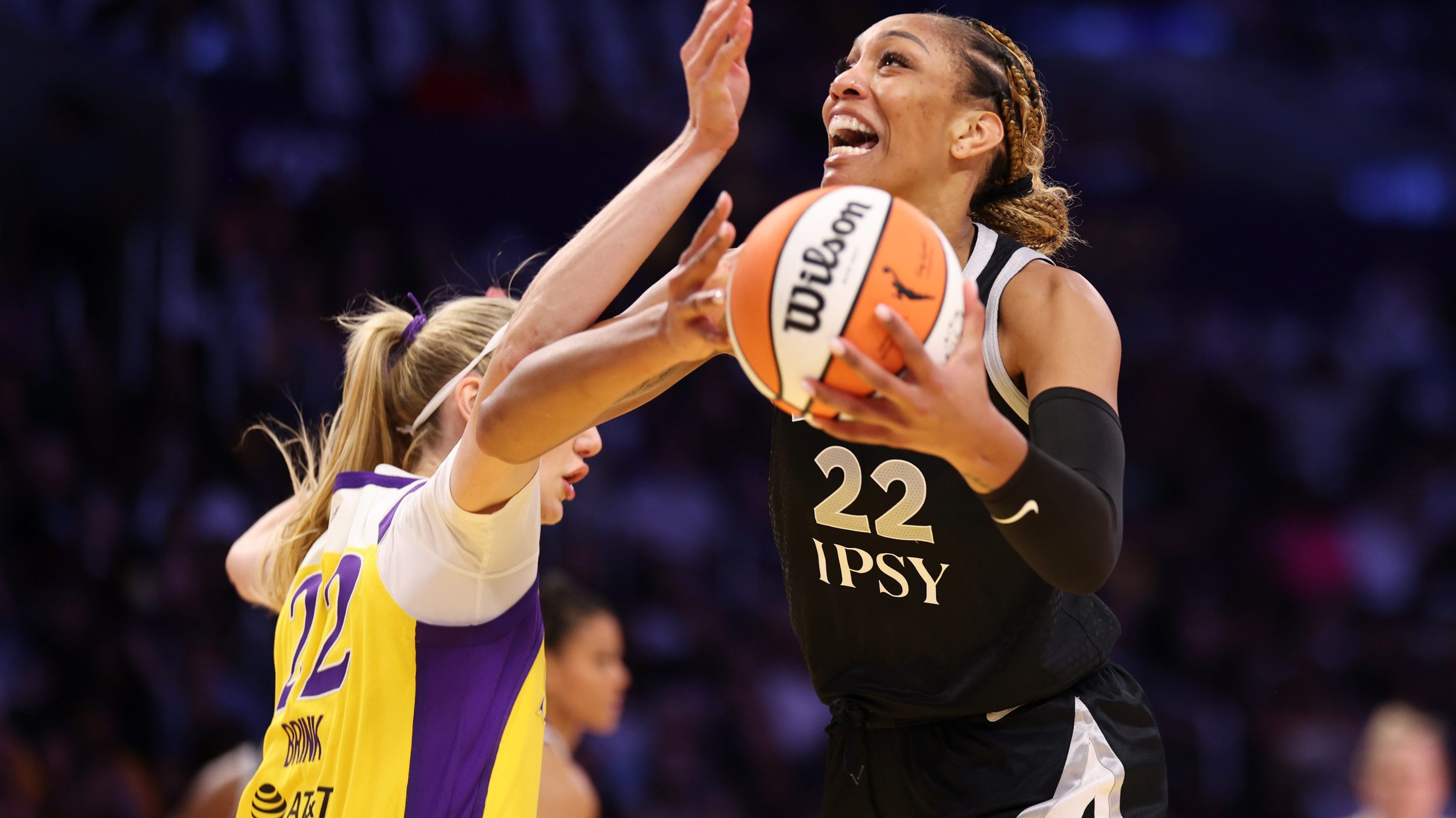 A'ja Wilson #22 of the Las Vegas Aces drives to the basket against Cameron Brink #22 of the Los Angeles Sparks during the first half of their game at Crypto.com Arena on May 10, 2026 in Los Angeles, California.