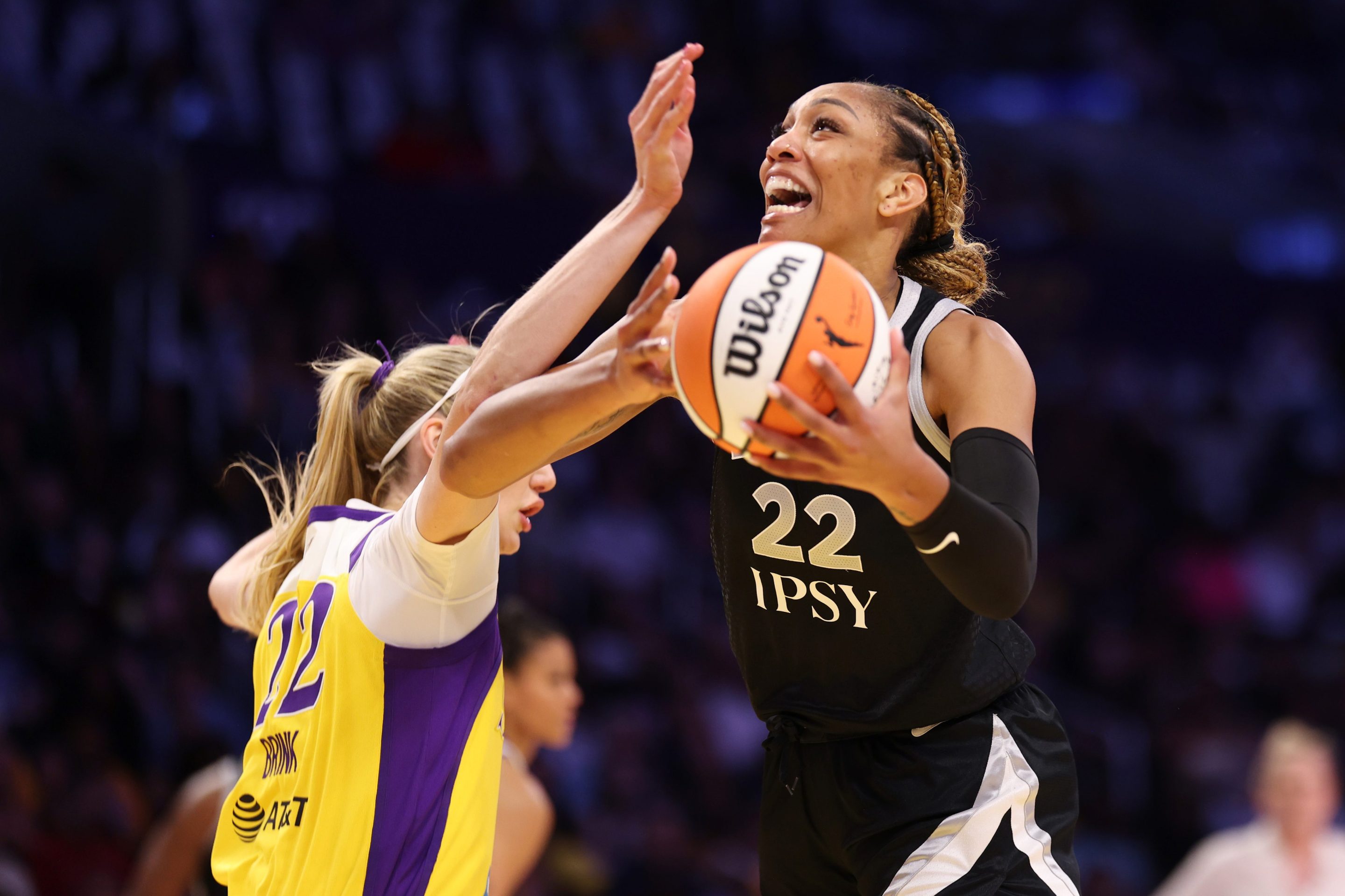 A'ja Wilson #22 of the Las Vegas Aces drives to the basket against Cameron Brink #22 of the Los Angeles Sparks during the first half of their game at Crypto.com Arena on May 10, 2026 in Los Angeles, California.