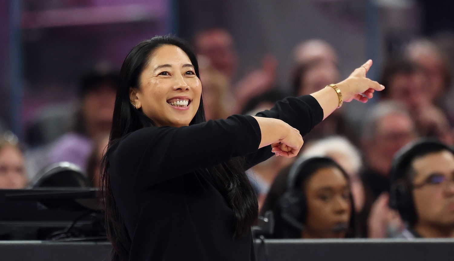 SAN FRANCISCO, CALIFORNIA - MAY 13: Head coach Natalie Nakase of the Golden State Valkyries smiles on the side of the court during the first half of their game against the Chicago Sky at Chase Center on May 13, 2026 in San Francisco, California. NOTE TO USER: User expressly acknowledges and agrees that, by downloading and or using this photograph, User is consenting to the terms and conditions of the Getty Images License Agreement. (Photo by Ezra Shaw/Getty Images)