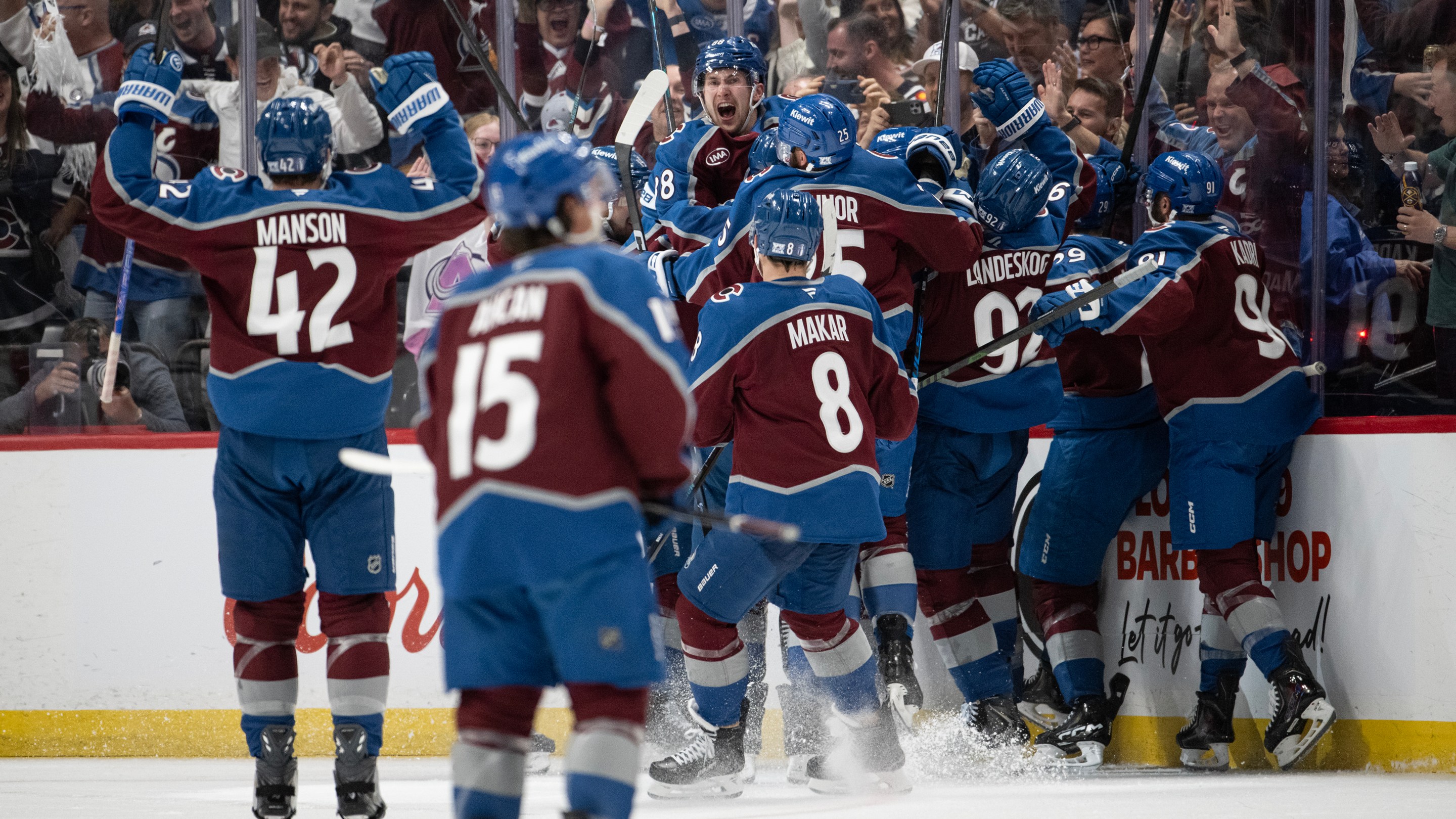DENVER, CO - MAY 13: The Colorado Avalanche celebrate defenseman Brett Kulak (27) of the Colorado Avalanche's overtime goal on goaltender Jesper Wallstedt (30) of the Minnesota Wild during overtime of Game 5 of the second round of the Stanley Cup Playoffs on Wednesday, May 13, 2026, at Ball Arena in Denver, Colo. (Photo by Timothy Hurst/MediaNews Group/The Denver Post via Getty Images)