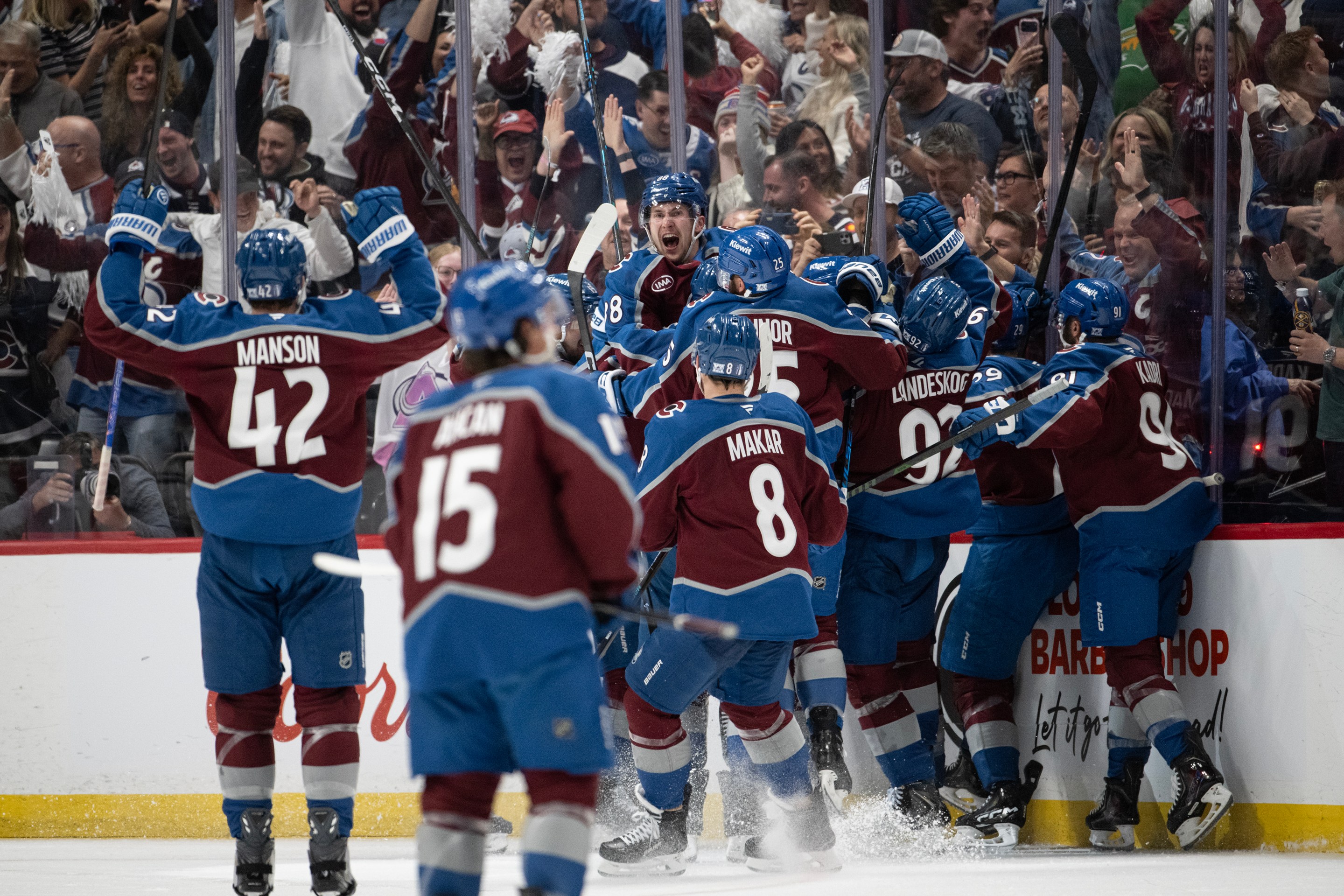 DENVER, CO - MAY 13: The Colorado Avalanche celebrate defenseman Brett Kulak (27) of the Colorado Avalanche's overtime goal on goaltender Jesper Wallstedt (30) of the Minnesota Wild during overtime of Game 5 of the second round of the Stanley Cup Playoffs on Wednesday, May 13, 2026, at Ball Arena in Denver, Colo. (Photo by Timothy Hurst/MediaNews Group/The Denver Post via Getty Images)