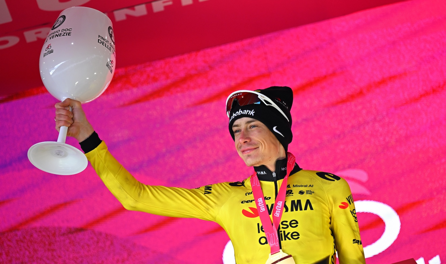 BLOCKHAUS, ITALY - MAY 15: Jonas Vingegaard of Denmark and Team Visma | Lease a Bike celebrates at podium as stage winner during the 109th Giro d'Italia 2026, Stage 7 a 244km stage from Formia to Blockhaus 1658m / #UCIWT / on May 15, 2026 in Blockhaus, Italy. (Photo by Tim de Waele/Getty Images)