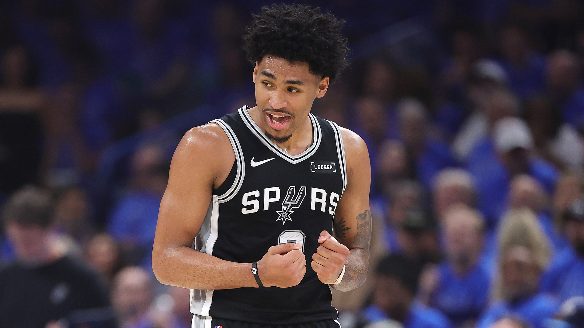 Dylan Harper #2 of the San Antonio Spurs reacts during the second quarter against the Oklahoma City Thunder in Game One of the NBA Western Conference Finals at Paycom Center on May 18, 2026 in Oklahoma City, Oklahoma.
