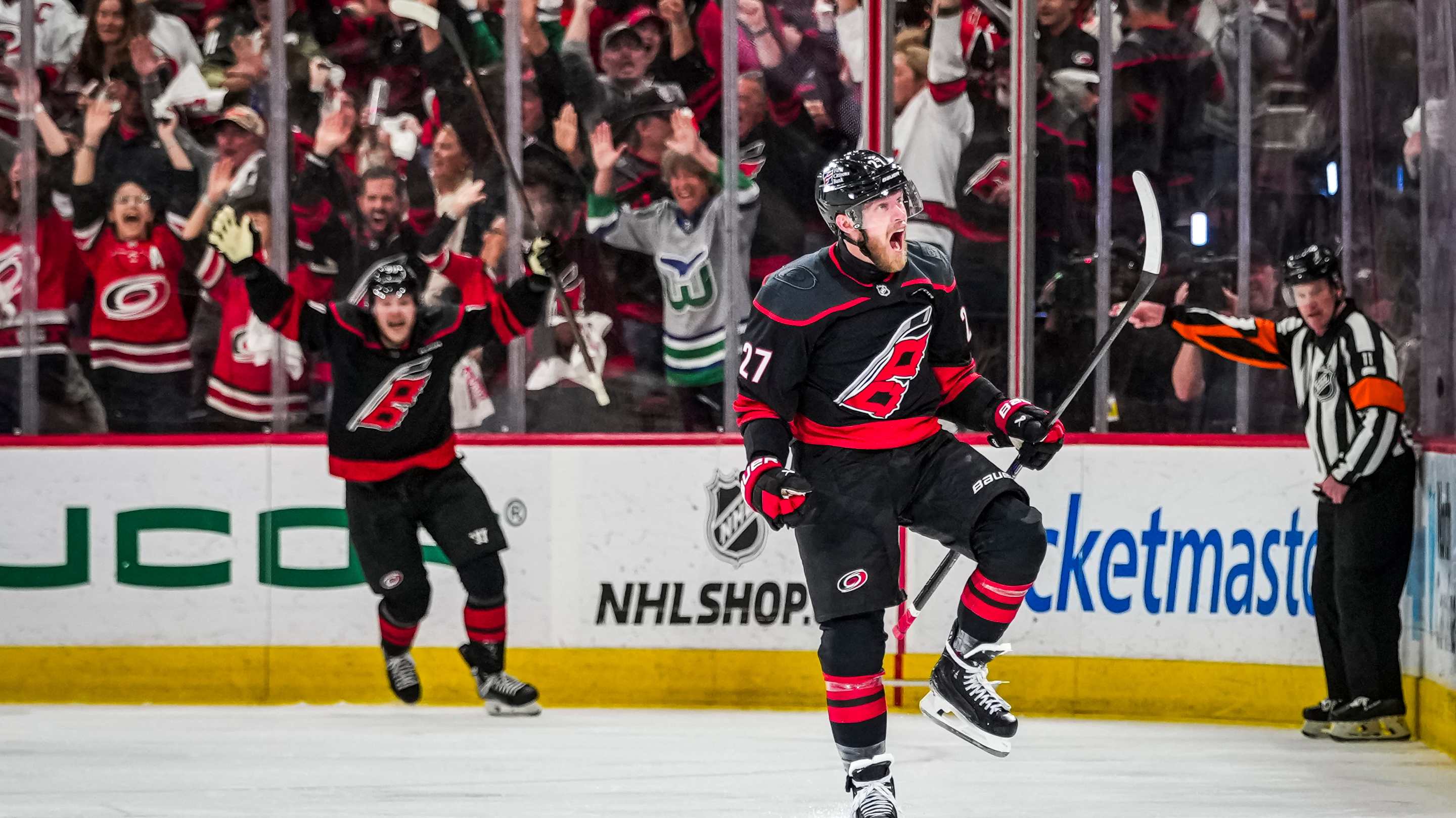 Nikolaj Ehlers #27 of the Carolina Hurricanes celebrates the overtime winning goal in Game Two of the Eastern Conference Final of the 2026 Stanley Cup Playoffs