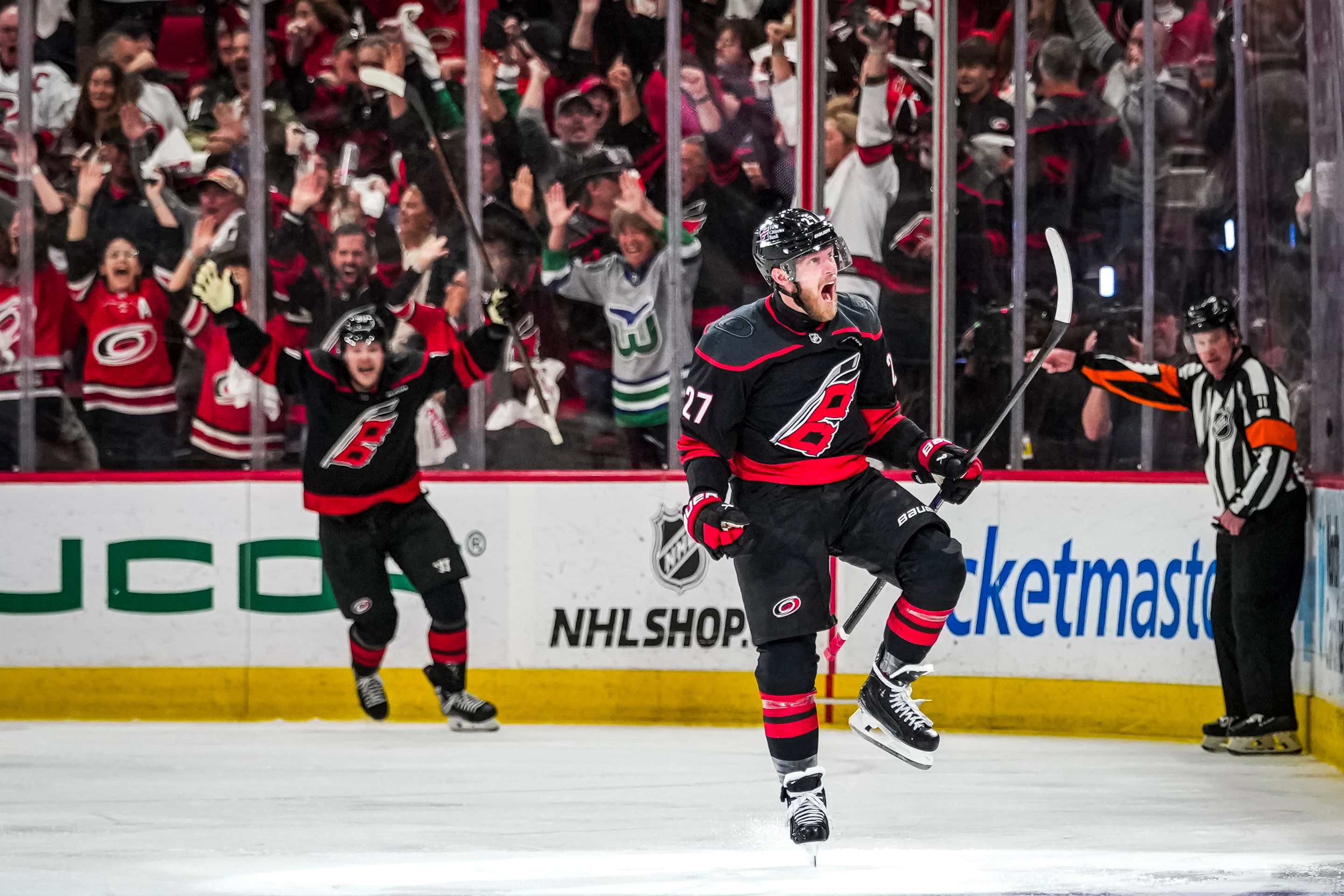 Nikolaj Ehlers #27 of the Carolina Hurricanes celebrates the overtime winning goal in Game Two of the Eastern Conference Final of the 2026 Stanley Cup Playoffs