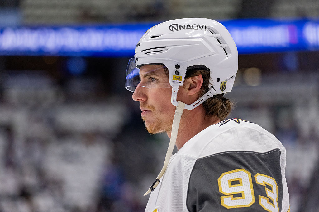 Mitch Marner #93 of the Vegas Golden Knights looks on during warmups ahead of Game One of the Western Conference Final against the Colorado Avalanche at Ball Arena on May 20, 2026 in Denver, Colorado.