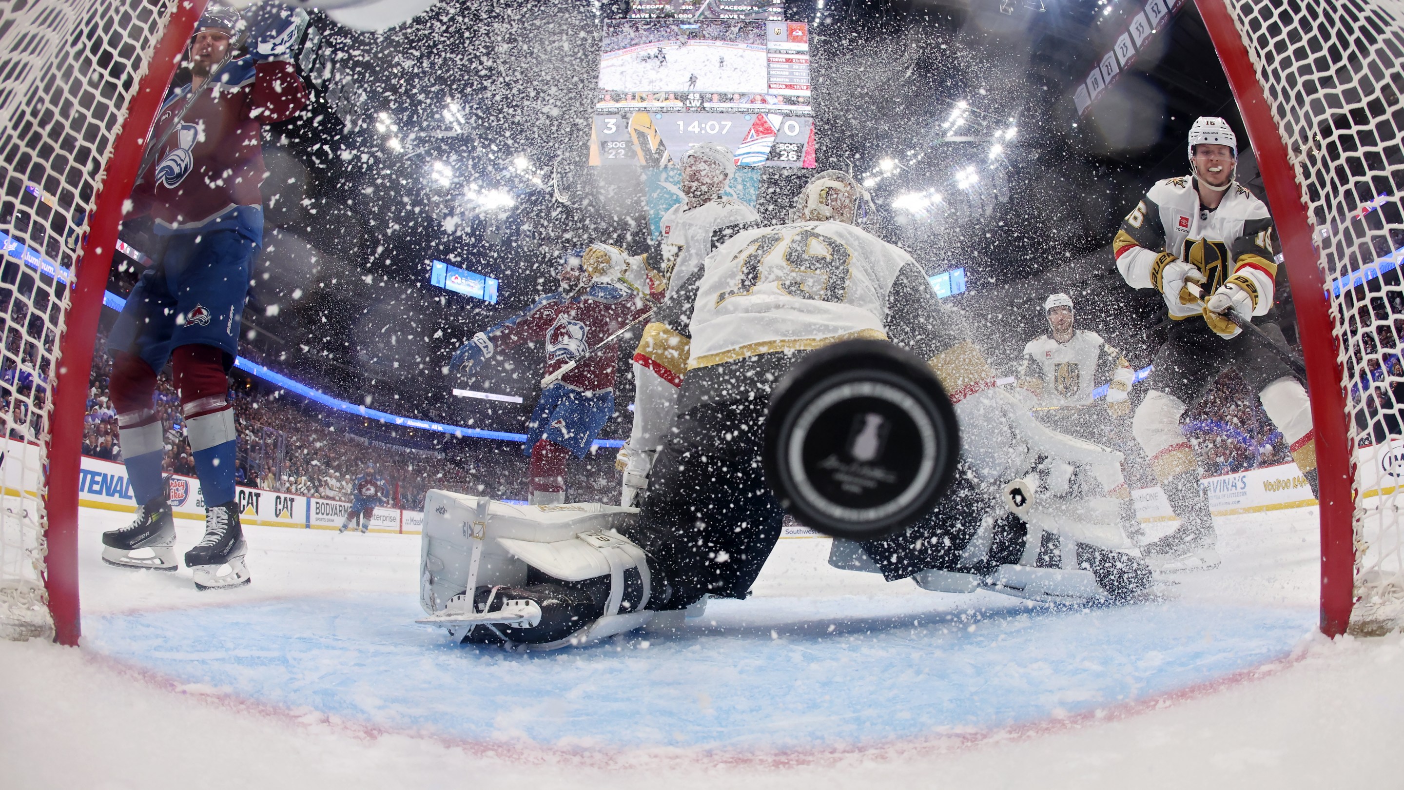DENVER, COLORADO - MAY 20: Carter Hart #79 of the Vegas Golden Knights allows a goal from Valeri Nichushkin #13 of the Colorado Avalanche during the third period in Game One of the Western Conference Final of the 2026 Stanley Cup Playoffs at Ball Arena on May 20, 2026 in Denver, Colorado. (Photo by Matthew Stockman/Getty Images)