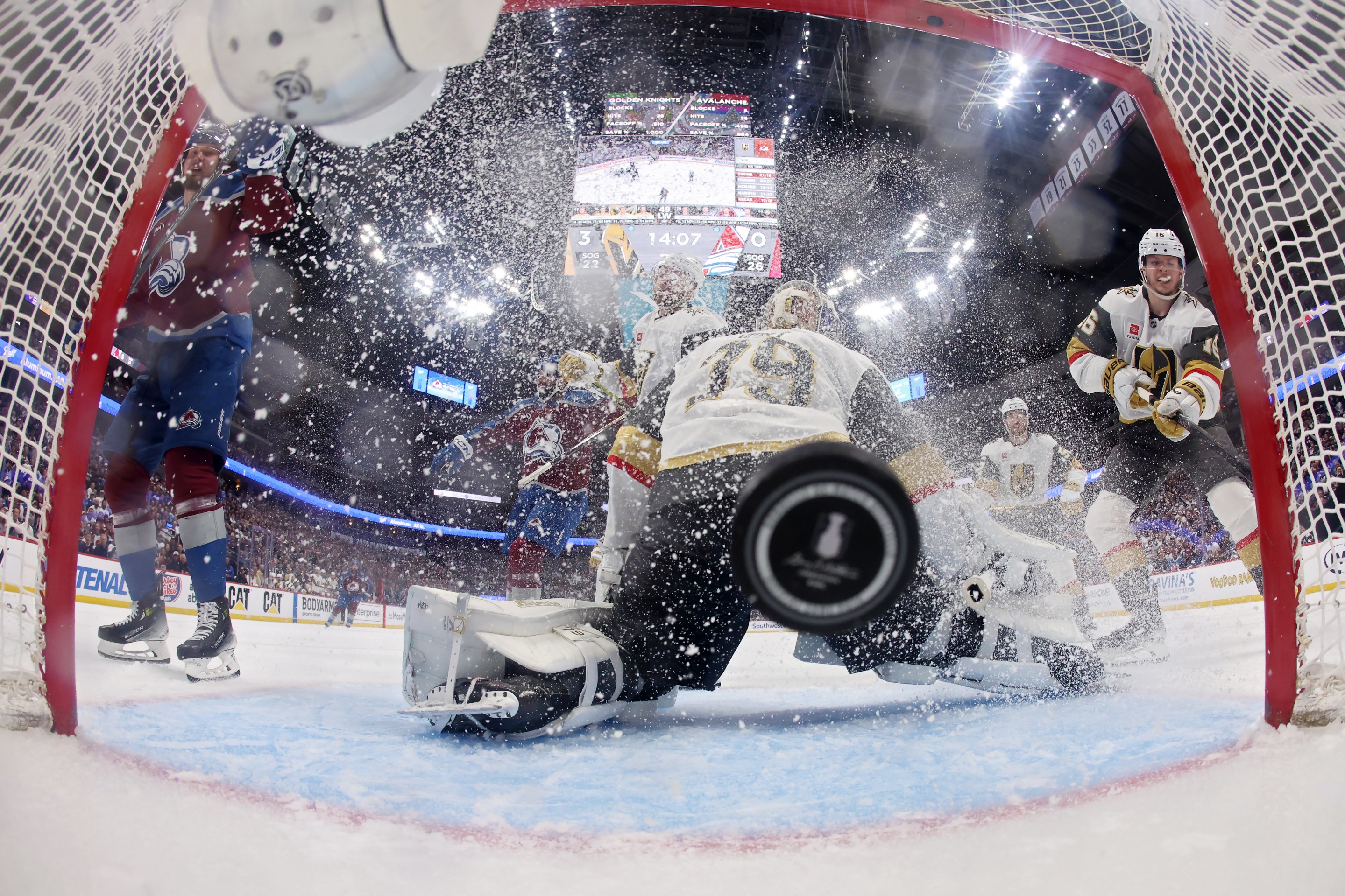 DENVER, COLORADO - MAY 20: Carter Hart #79 of the Vegas Golden Knights allows a goal from Valeri Nichushkin #13 of the Colorado Avalanche during the third period in Game One of the Western Conference Final of the 2026 Stanley Cup Playoffs at Ball Arena on May 20, 2026 in Denver, Colorado. (Photo by Matthew Stockman/Getty Images)