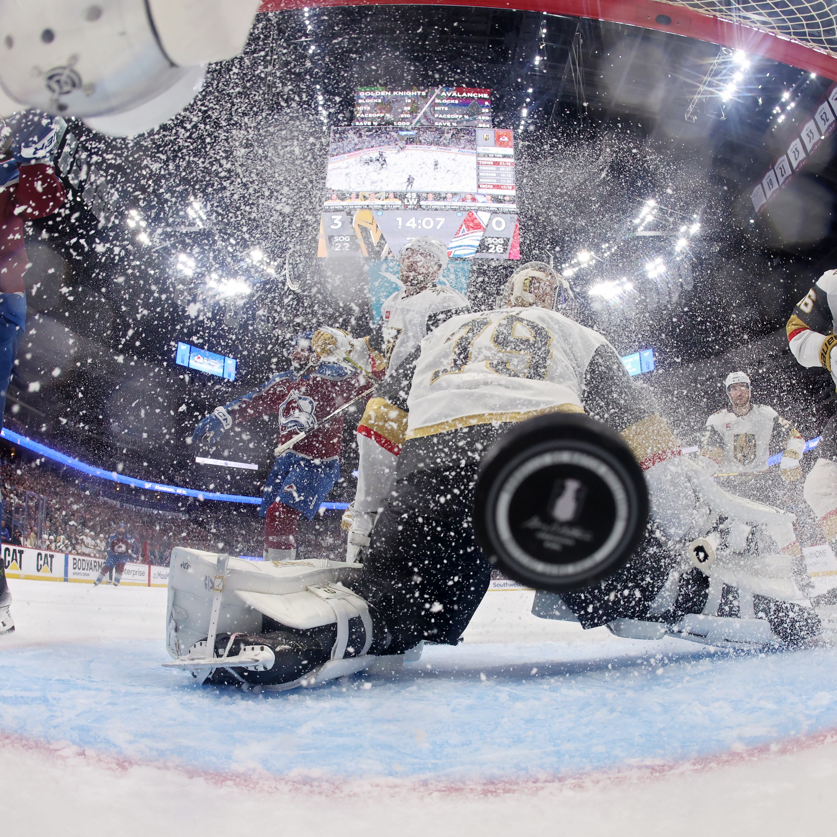 DENVER, COLORADO - MAY 20: Carter Hart #79 of the Vegas Golden Knights allows a goal from Valeri Nichushkin #13 of the Colorado Avalanche during the third period in Game One of the Western Conference Final of the 2026 Stanley Cup Playoffs at Ball Arena on May 20, 2026 in Denver, Colorado. (Photo by Matthew Stockman/Getty Images)