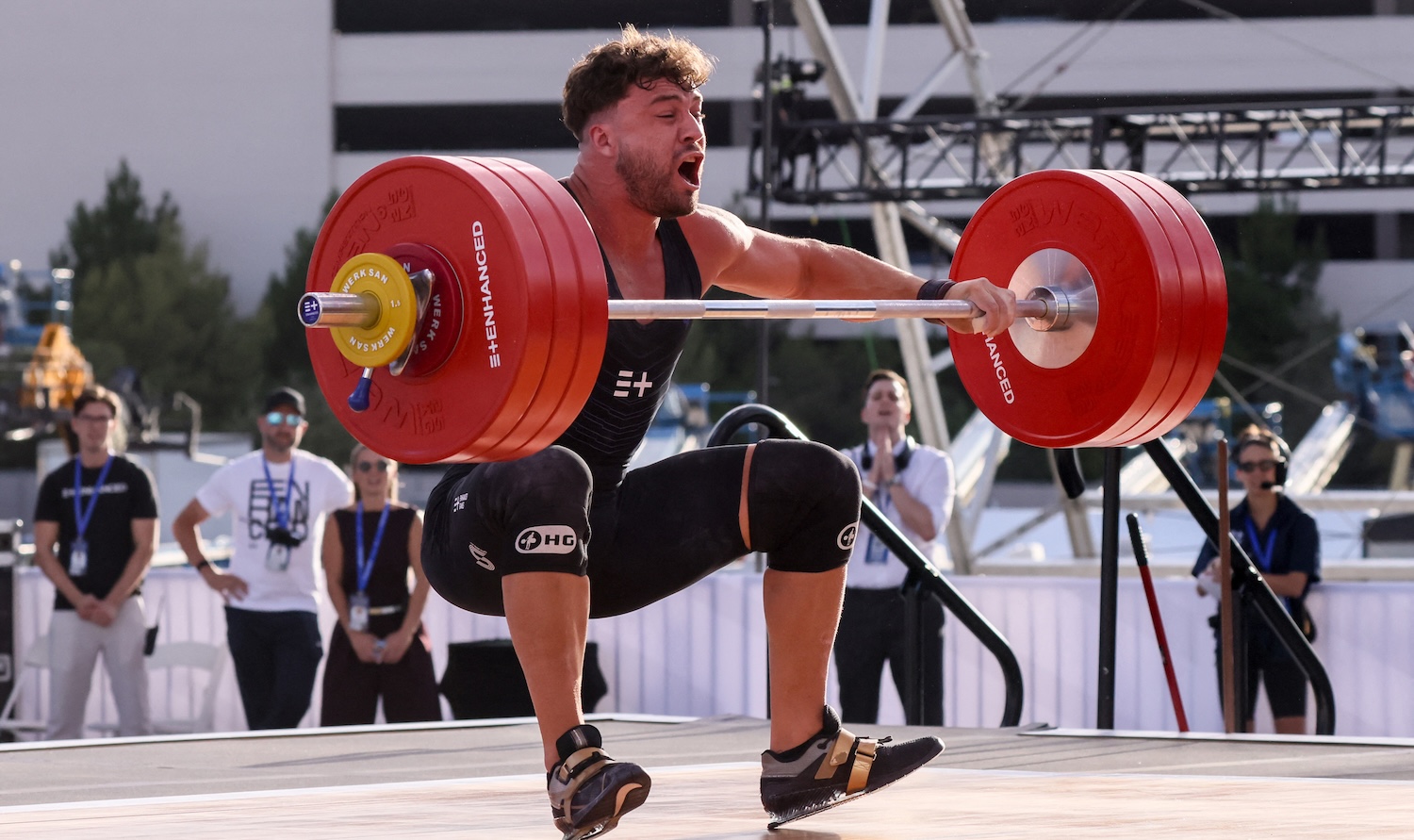 Canadian weightlifter Boady Santavy fails at an attempt to break the world record during the men snatch competition during the Enhanced Games at Resorts World Las Vegas in Las Vegas, Nevada, on May 24, 2026. The first-ever Enhanced Games -- widely dubbed the "Steroid Olympics" -- took place Sunday in Las Vegas, where elite sprinters, swimmers and weightlifters will vie for world records while taking banned performance-enhancing drugs. (Photo by ETIENNE LAURENT / AFP)