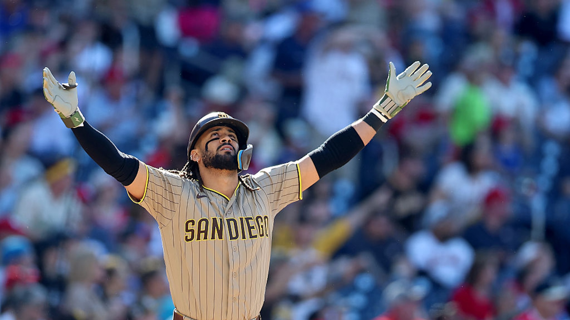 Fernando Tatis Jr. looks relieved after hitting a homer