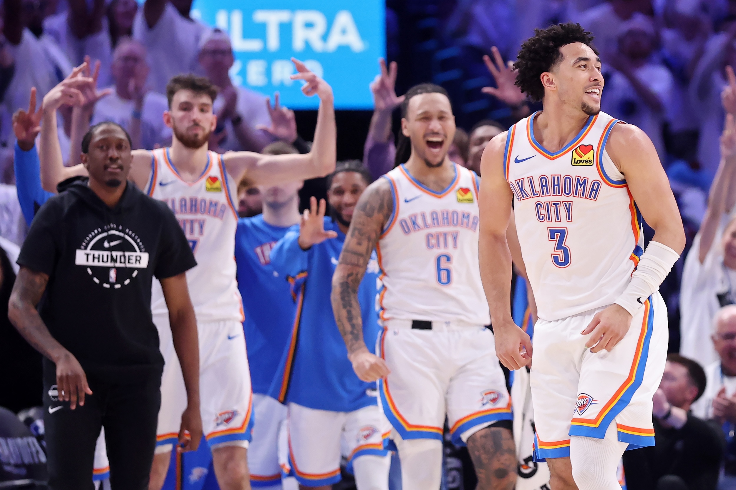 Jared McCain of the Oklahoma City Thunder celebrates