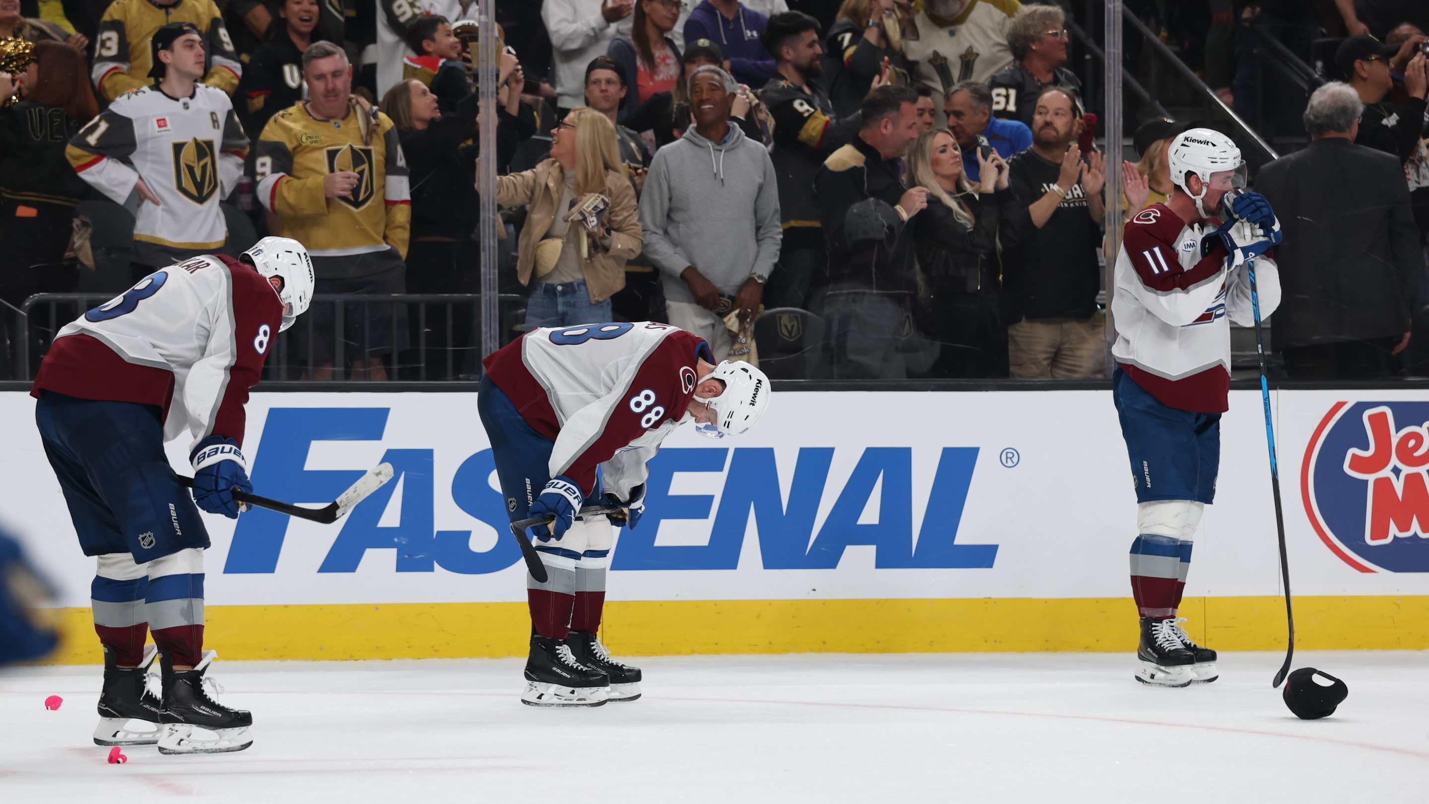 Colorado Avalanche players react after a 2-1 loss against the Vegas Golden Knights