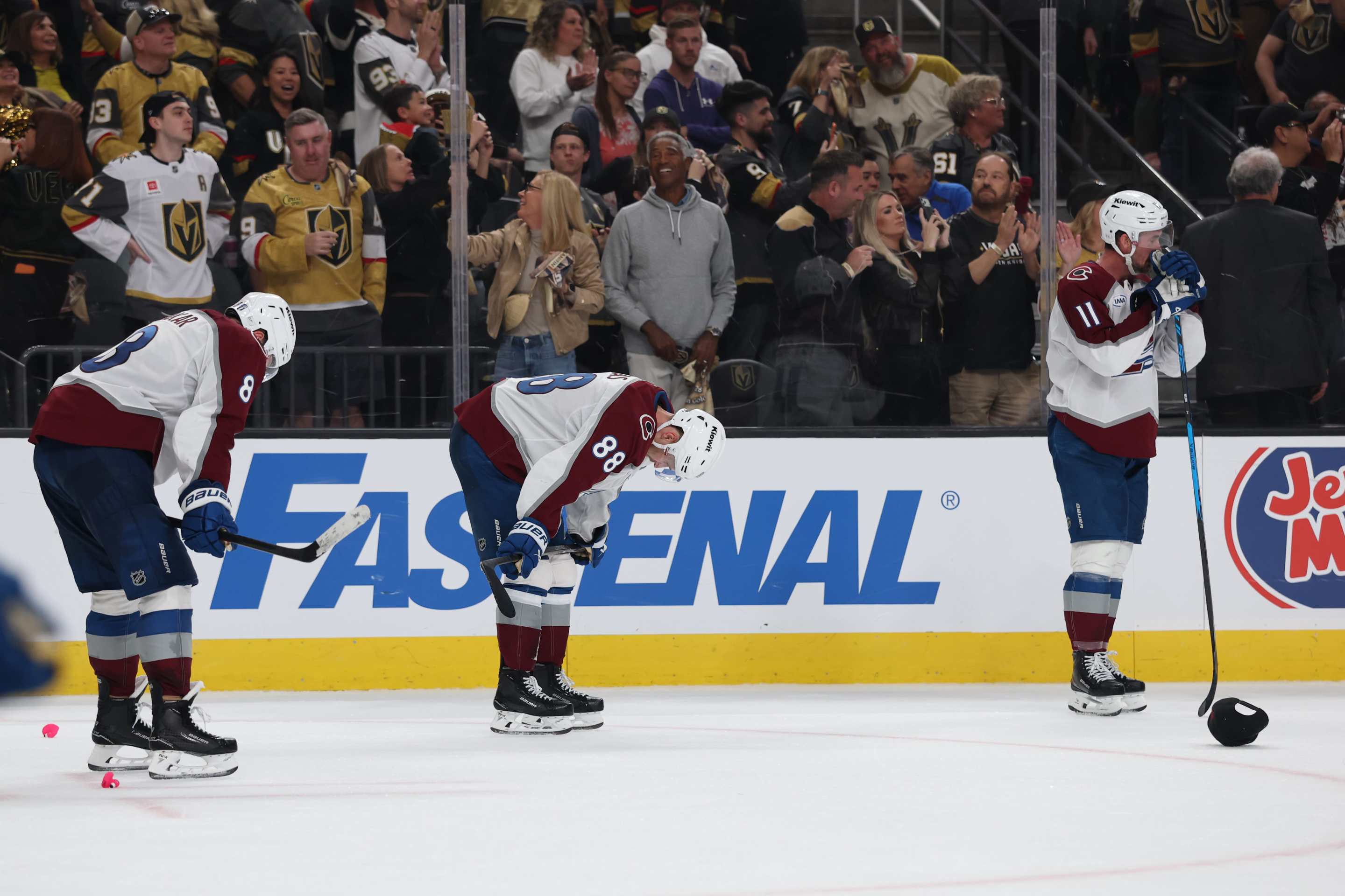 Colorado Avalanche players react after a 2-1 loss against the Vegas Golden Knights