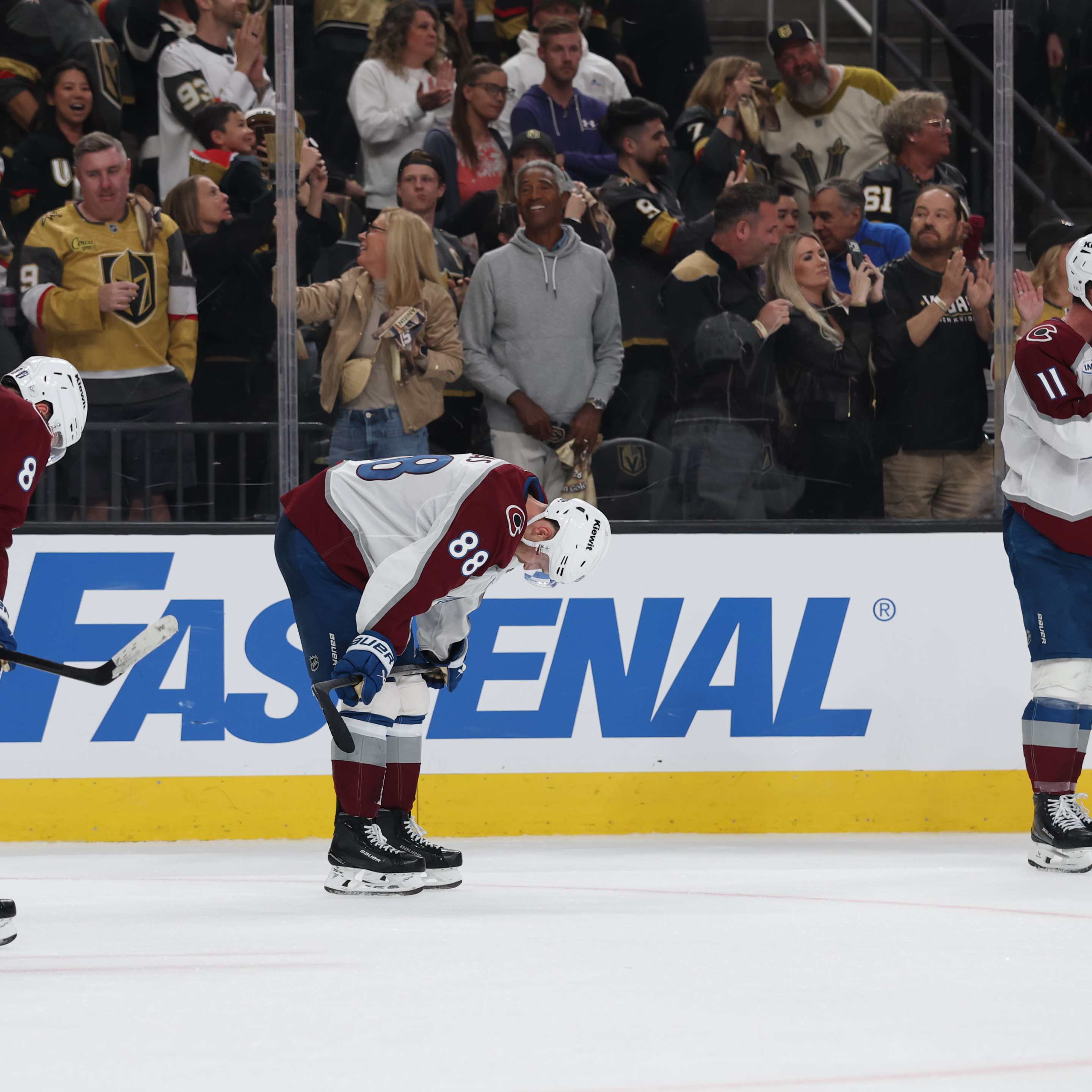 Colorado Avalanche players react after a 2-1 loss against the Vegas Golden Knights