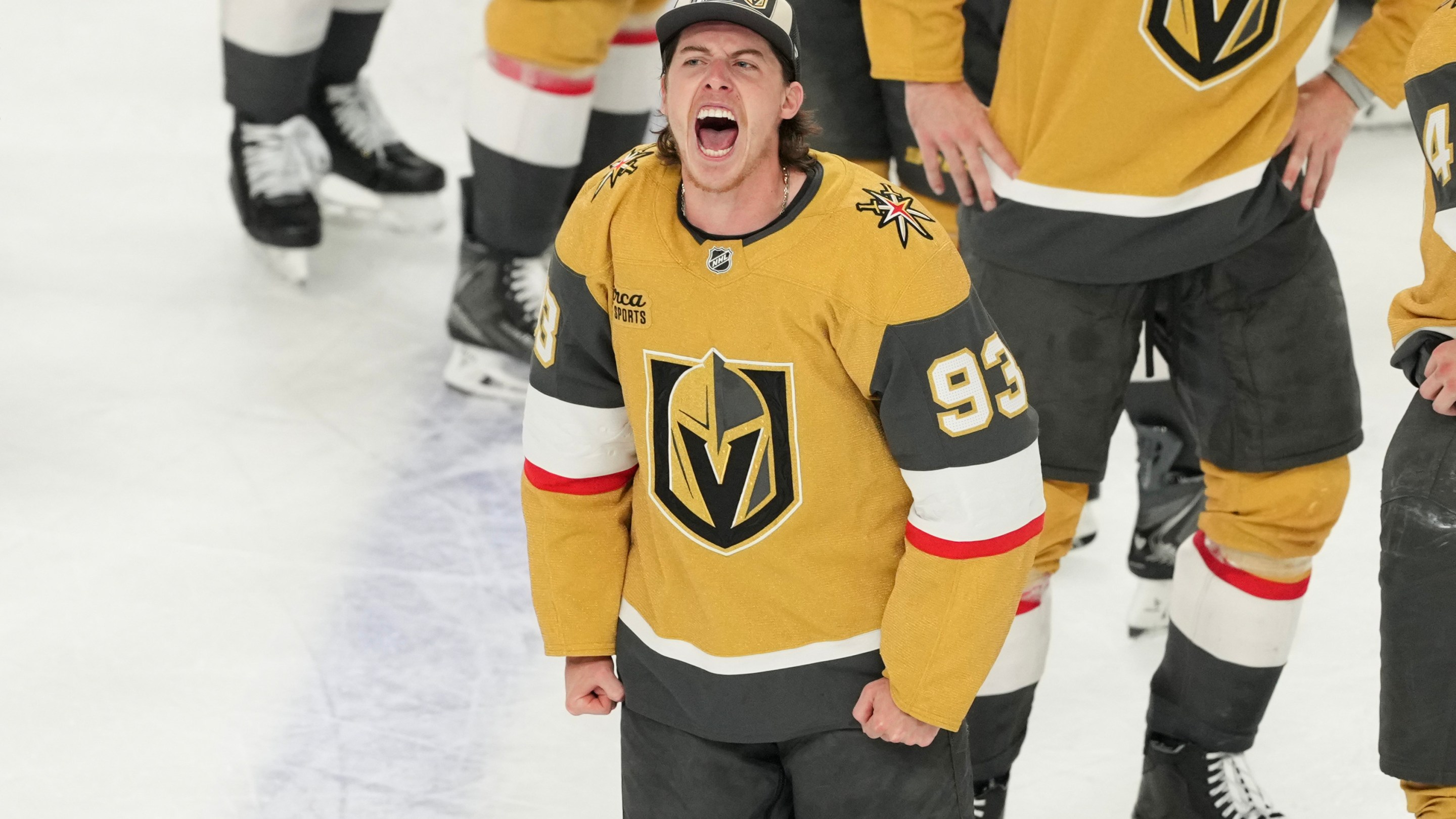 LAS VEGAS, NEVADA - MAY 26: Mitch Marner #93 of the Vegas Golden Knights celebrates after defeating the Colorado Avalanche 2-1in Game Four of the Western Conference Final of the 2026 Stanley Cup Playoffs at T-Mobile Arena on May 26, 2026 at T-Mobile Arena on May 26, 2026 in Las Vegas, Nevada. (Photo by Candice Ward/Getty Images)