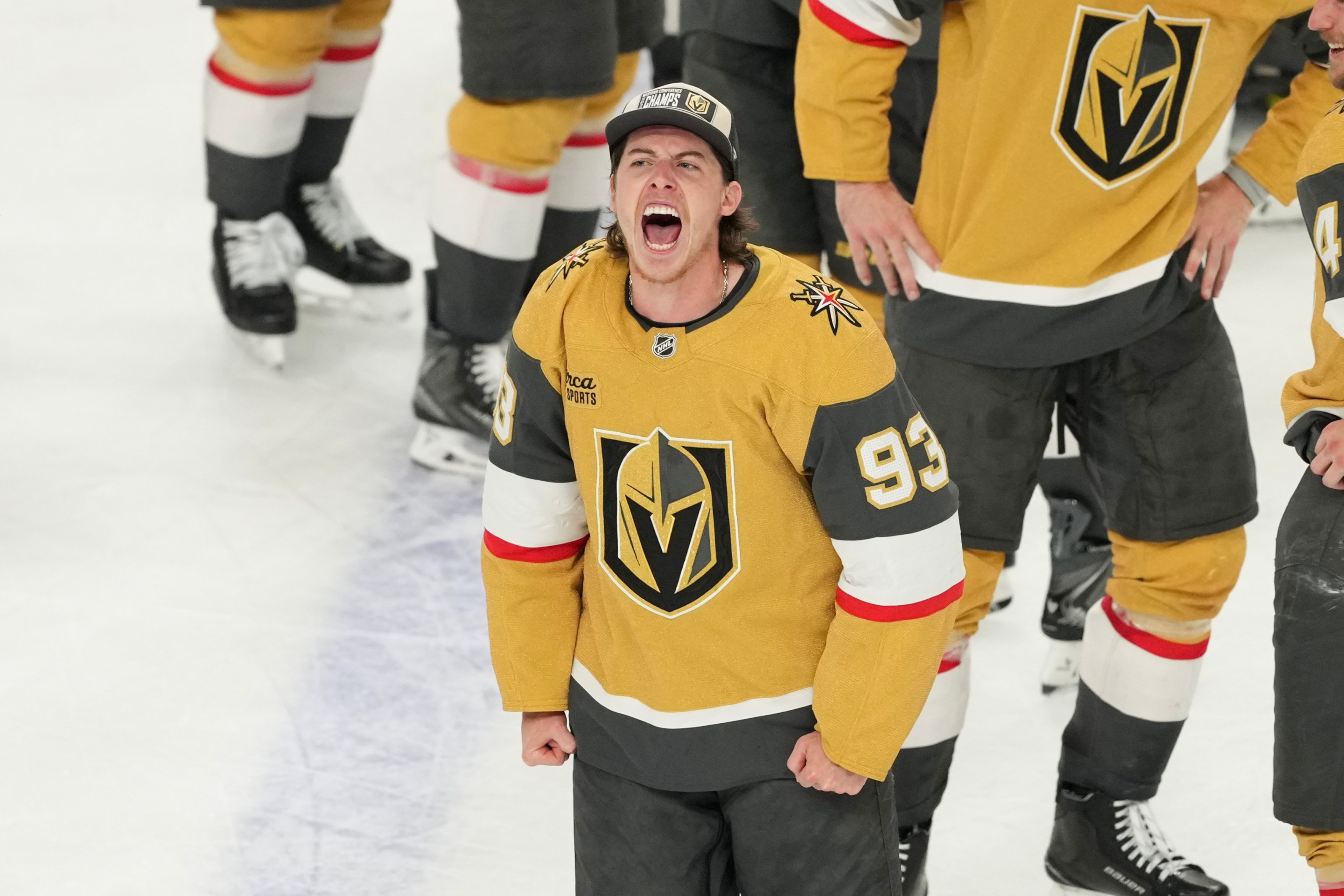 LAS VEGAS, NEVADA - MAY 26: Mitch Marner #93 of the Vegas Golden Knights celebrates after defeating the Colorado Avalanche 2-1in Game Four of the Western Conference Final of the 2026 Stanley Cup Playoffs at T-Mobile Arena on May 26, 2026 at T-Mobile Arena on May 26, 2026 in Las Vegas, Nevada. (Photo by Candice Ward/Getty Images)