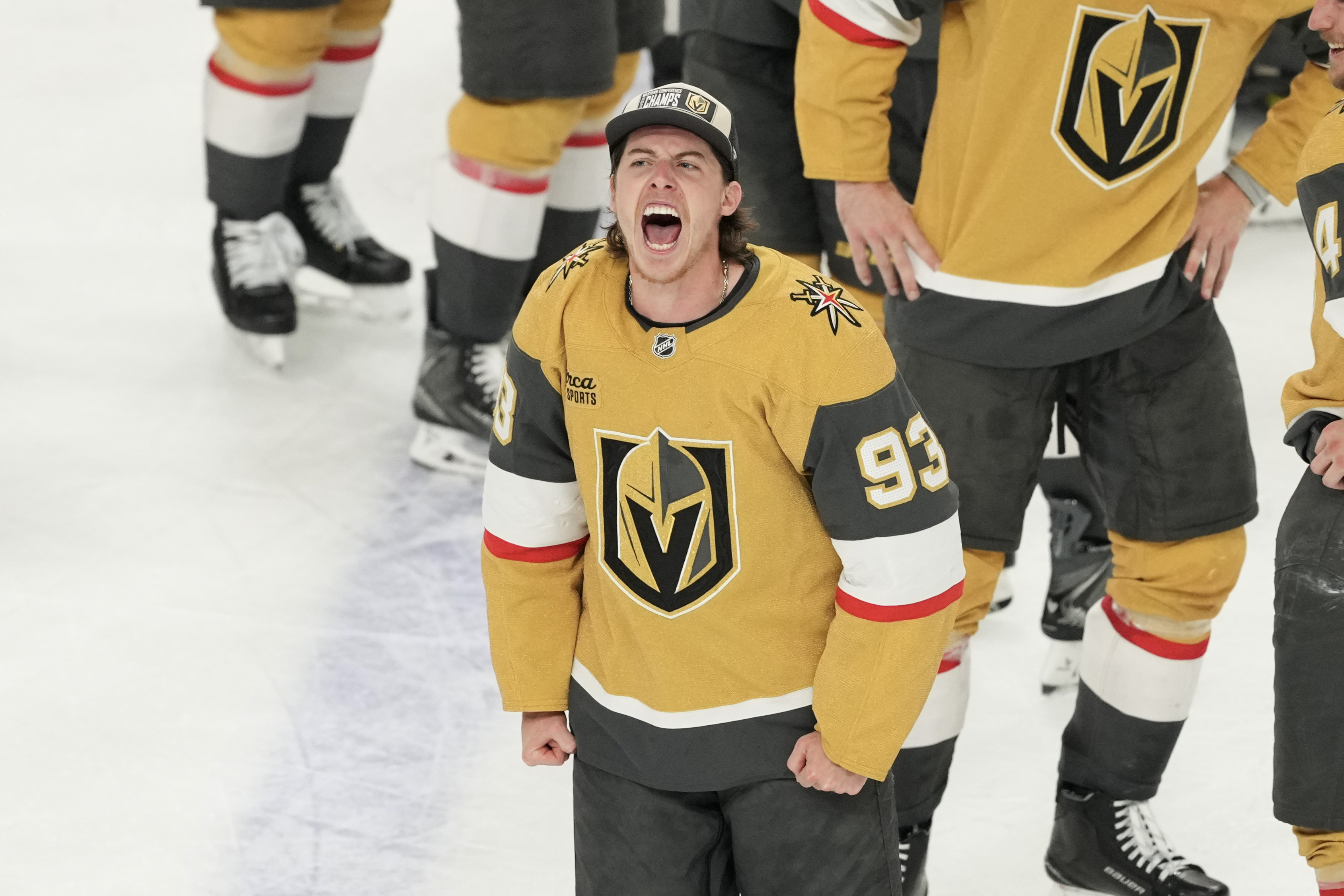 LAS VEGAS, NEVADA - MAY 26: Mitch Marner #93 of the Vegas Golden Knights celebrates after defeating the Colorado Avalanche 2-1in Game Four of the Western Conference Final of the 2026 Stanley Cup Playoffs at T-Mobile Arena on May 26, 2026 at T-Mobile Arena on May 26, 2026 in Las Vegas, Nevada. (Photo by Candice Ward/Getty Images)