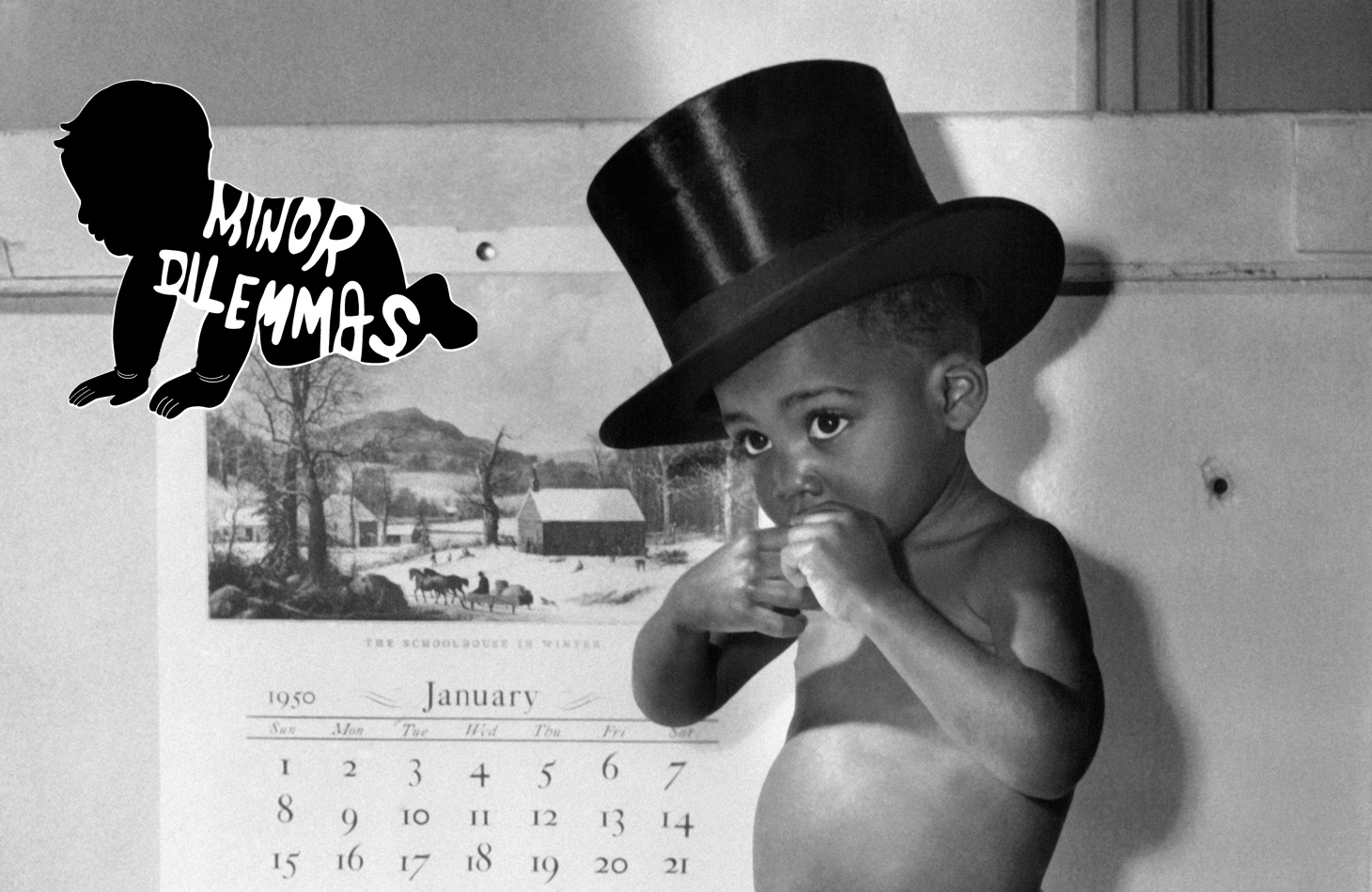 A little boy, wearing a diaper and a top hat, poses in front of a New Year's calendar at a hospital in New York City, United States, on December 22, 1949.