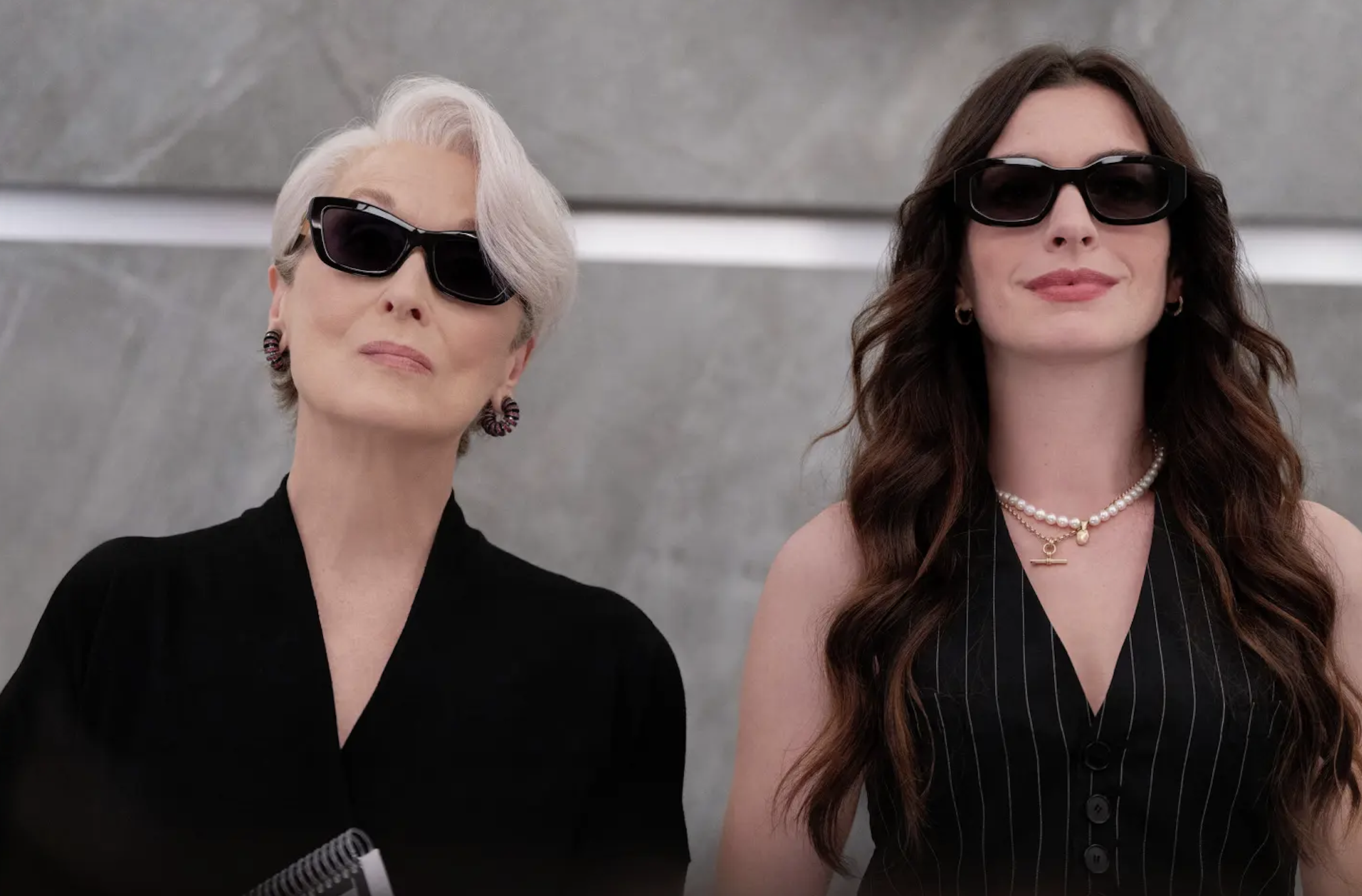 anne hathaway and meryl streep wear sunglasses in the Devil Wears Prada 2