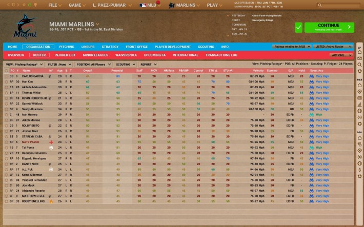 A screenshot of my OOTP 27 roster at the start of the 2030 offseason