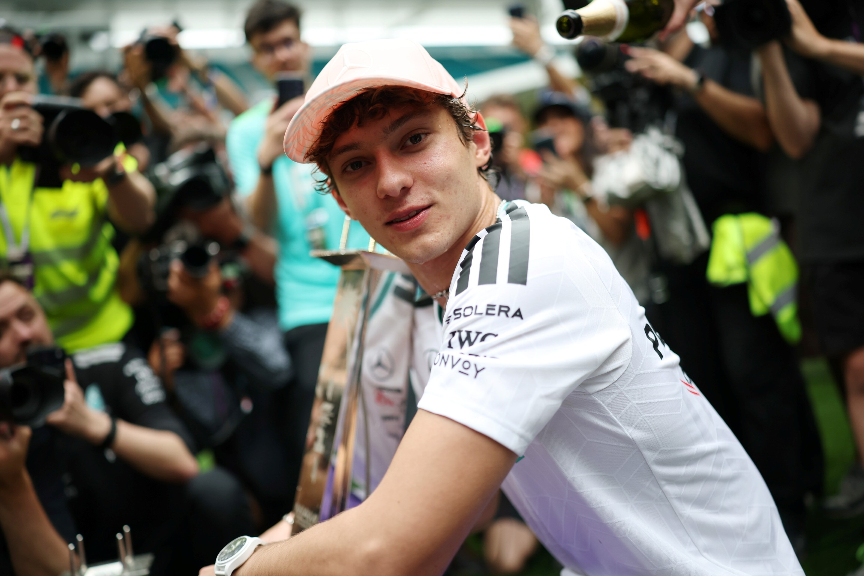 Race winner Andrea Kimi Antonelli of Italy and Mercedes AMG Petronas F1 Team celebrates with his team during the F1 Grand Prix of Miami.