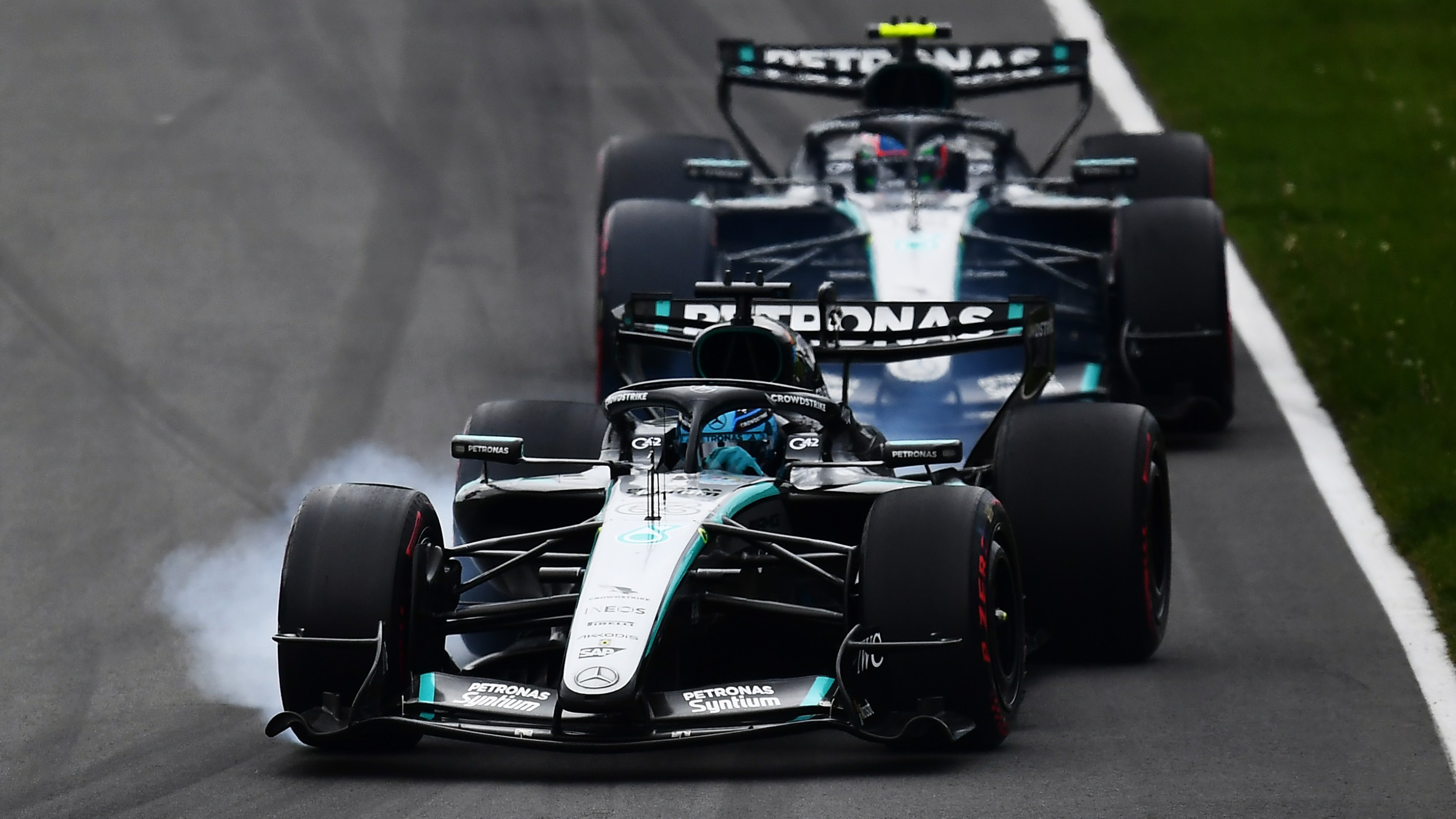 George Russell of Great Britain, driving the (63) Mercedes W17, leads Andrea Kimi Antonelli of Italy, driving the (12) Mercedes W17.