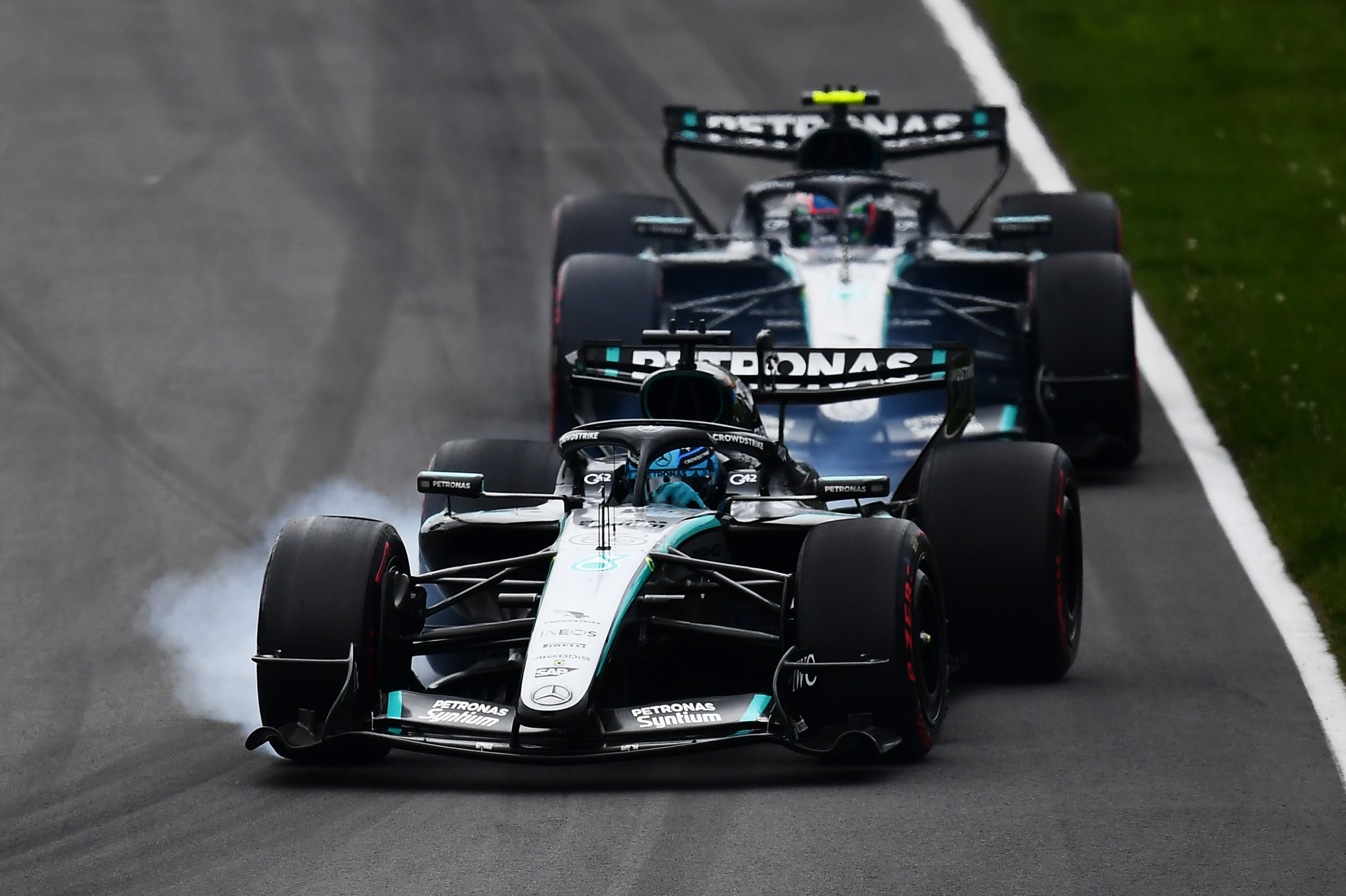 George Russell of Great Britain, driving the (63) Mercedes W17, leads Andrea Kimi Antonelli of Italy, driving the (12) Mercedes W17.