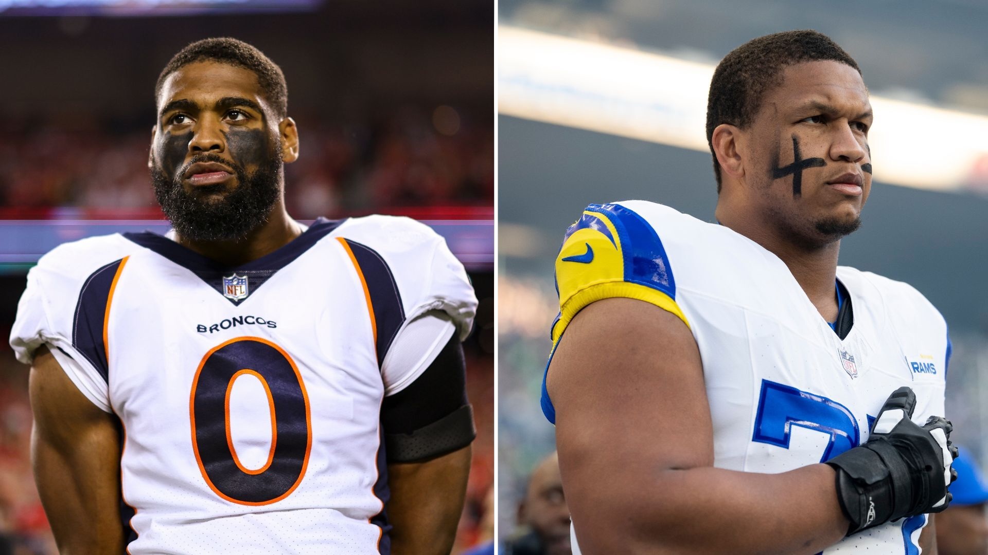 An image of Broncos player Jonthon Cooper on the left and Rams player Alaric Jackson on the right.