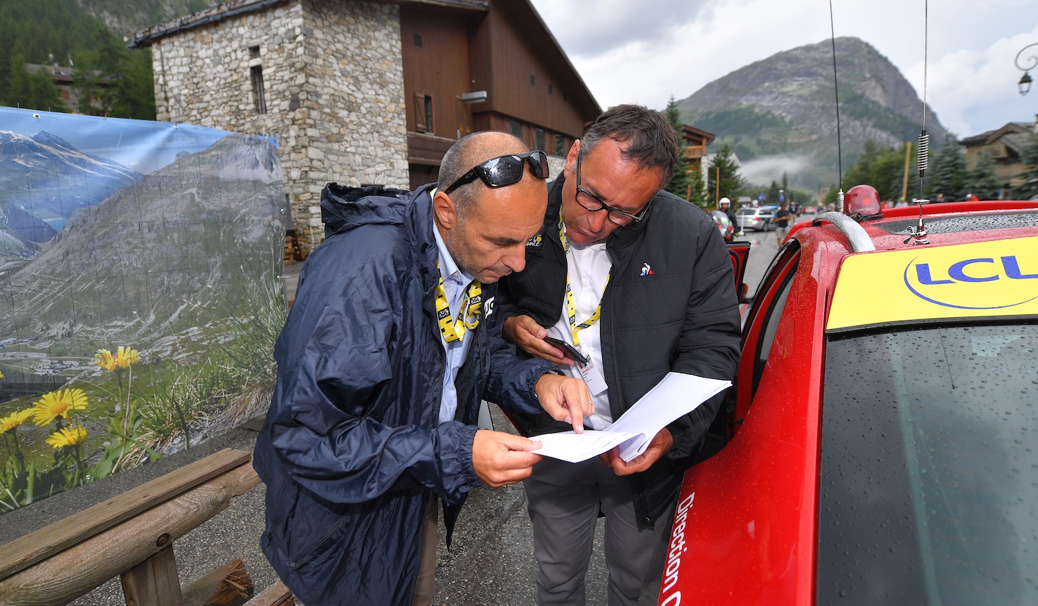 TIGNES, FRANCE - JULY 26: UCI Commissaire Tour De France and Thierry Gouvenou of France TDF Race director / Stage neutralized - canceled due to snow and hail in the final 20km to finish-line / during the 106th Tour de France 2019, Stage 19 a 126,5km stage from Saint-Jean-de-Maurienne to Tignes 2113m / TDF / #TDF2019 / @LeTour / on July 26, 2019 in Tignes, France. (Photo by Tim de Waele/Getty Images)