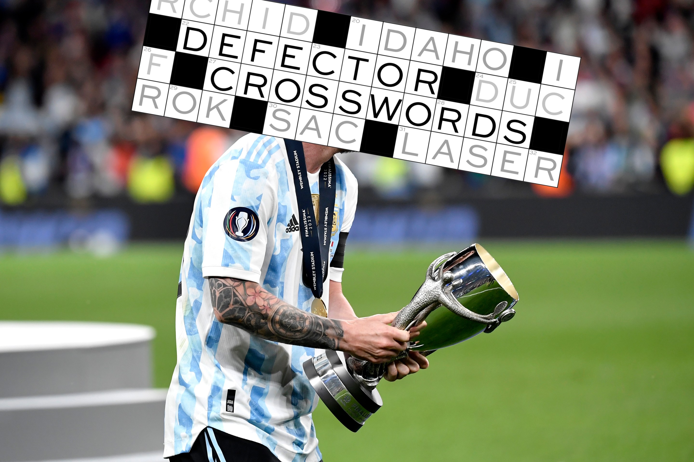 Lionel Messi of Argentina celebrates with the trophy at the end of the Finalissima trophy 2022 football match between Italy and Argentina. Argentina won 3-0 over Italy.