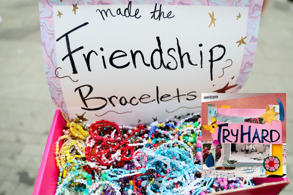 A box of colorful friendship bracelets outside a Taylor Swift concert, the Try Hard podcast show art sits ontop of the image.