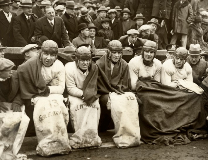 George Trafton (left), Jim McMillen (2nd left), Don Murry (center), Red Grange (right), Chicago Bears, National Football League, Underwood & Underwood, 1925